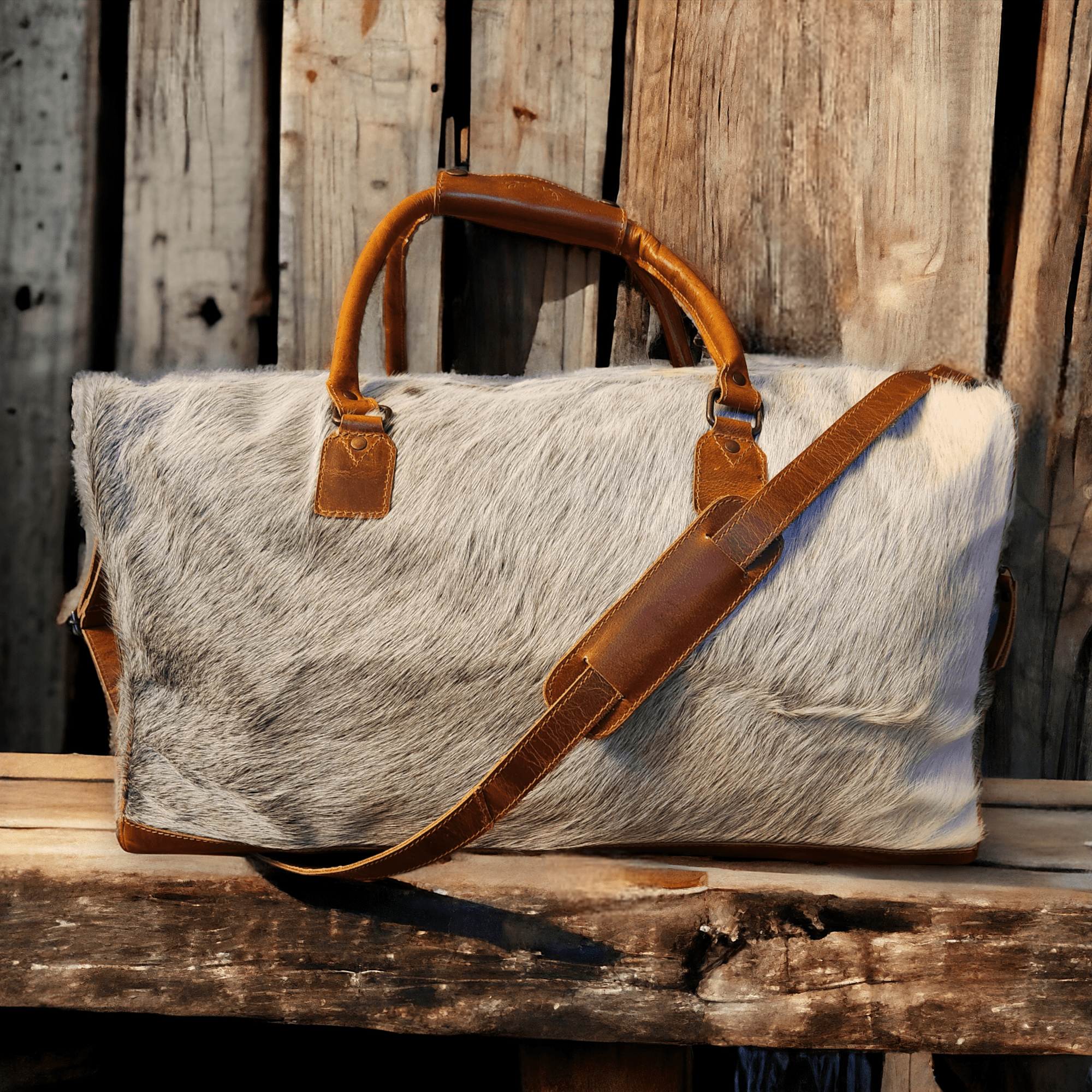 Limited Edition Grey/White Brazilian Genuine Cowhide Weekender Large Highlands Cowhide Duffel - Ranch Junkie Mercantile LLC