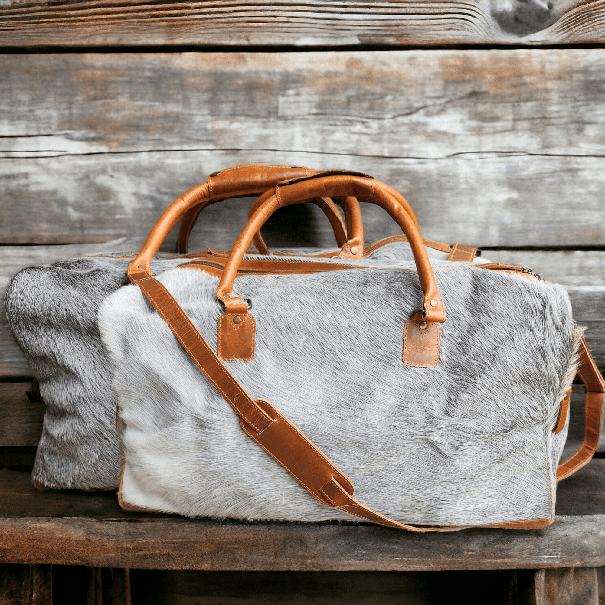 Limited Edition Grey/White Brazilian Genuine Cowhide Weekender Large Highlands Cowhide Duffel - Ranch Junkie Mercantile LLC