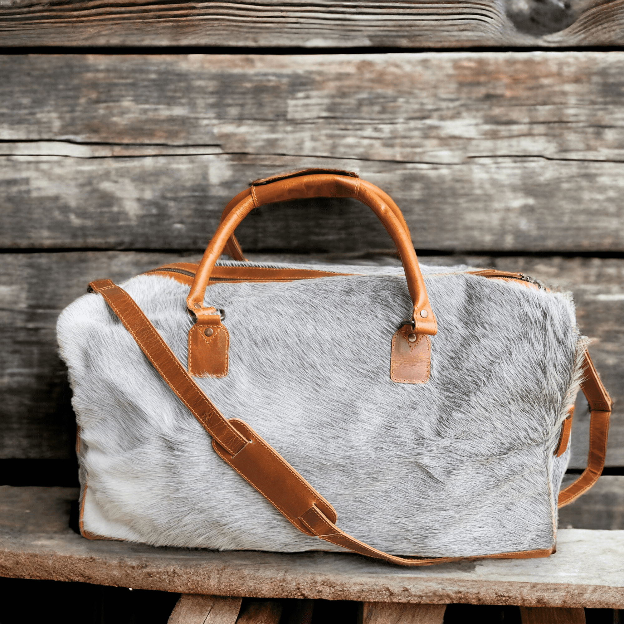 Limited Edition Grey/White Brazilian Genuine Cowhide Weekender Large Highlands Cowhide Duffel - Ranch Junkie Mercantile LLC