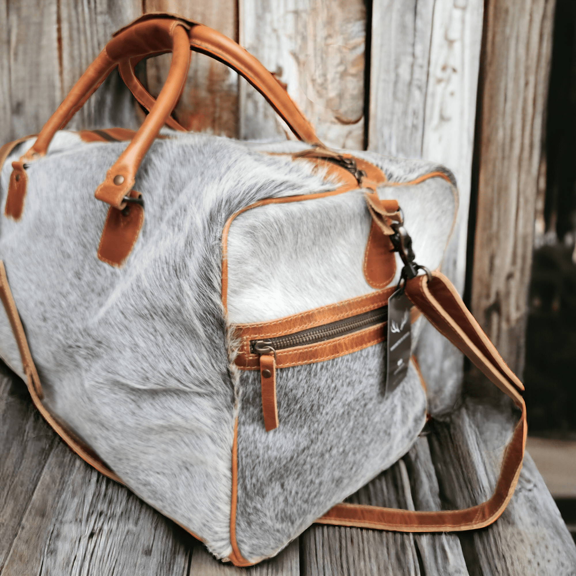 Limited Edition Grey/White Brazilian Genuine Cowhide Weekender Large Highlands Cowhide Duffel - Ranch Junkie Mercantile LLC