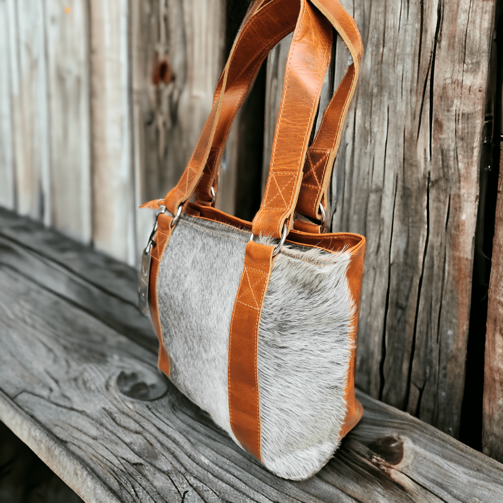 Limited Edition Brazilian Grey/White Genuine Cowhide Tote Highlands Handbag - Ranch Junkie Mercantile LLC