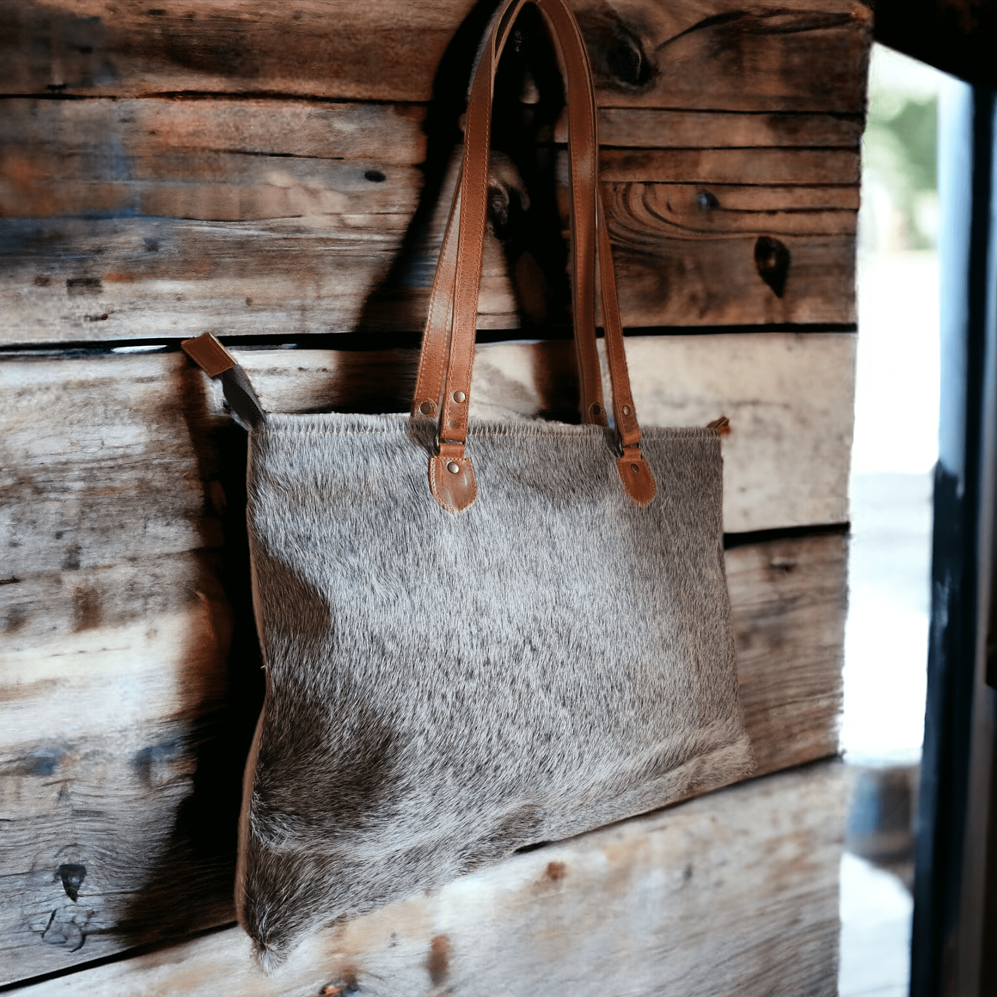 Limited Edition Grey/White Brazilian Highlands Genuine Cowhide Large Tote - Ranch Junkie Mercantile LLC