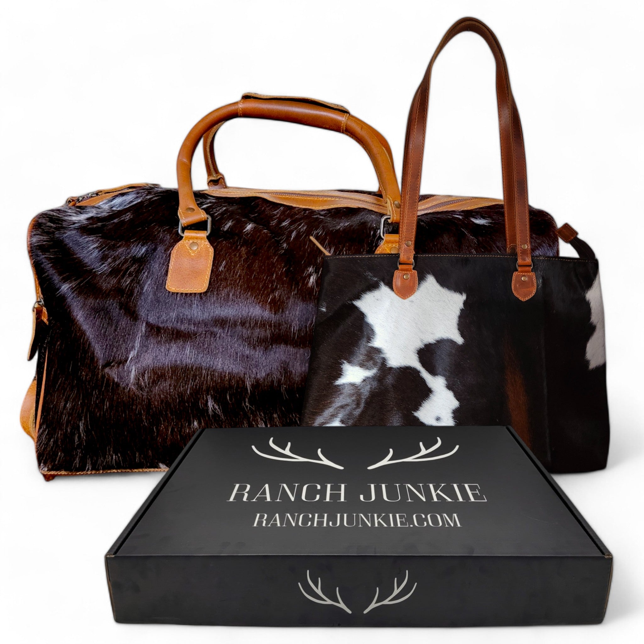 Bundle Deal Highlands Large Genuine Cowhide Weekender Duffel Mostly Black + Cowhide Tote Bag - Ranch Junkie Mercantile LLC