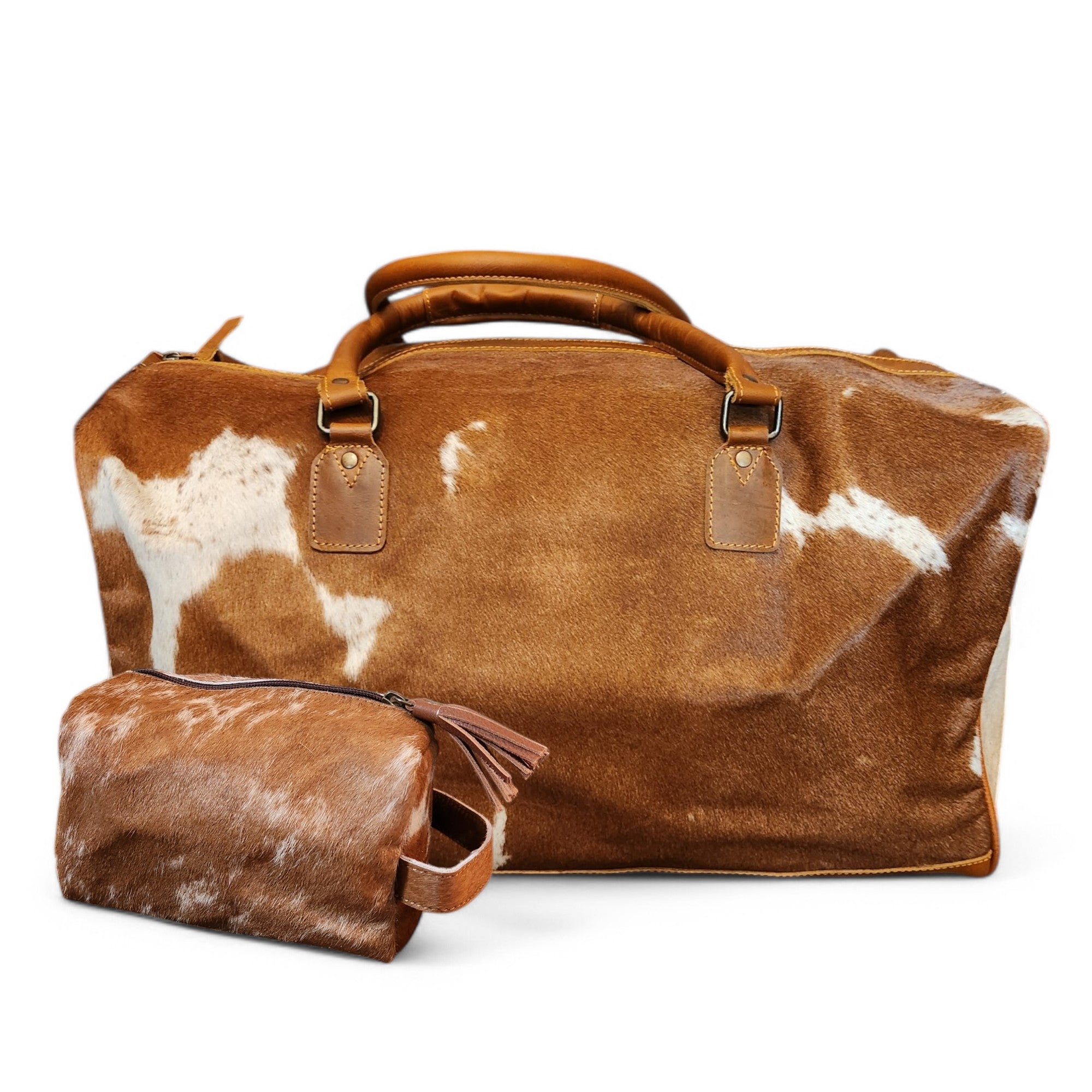 Bundle Deal Highlands Large Caramel Genuine Cowhide Duffel Bag+ Caramel Cosmetic Pouch Highlands Cowhide Makeup Bag - Ranch Junkie Mercantile LLC