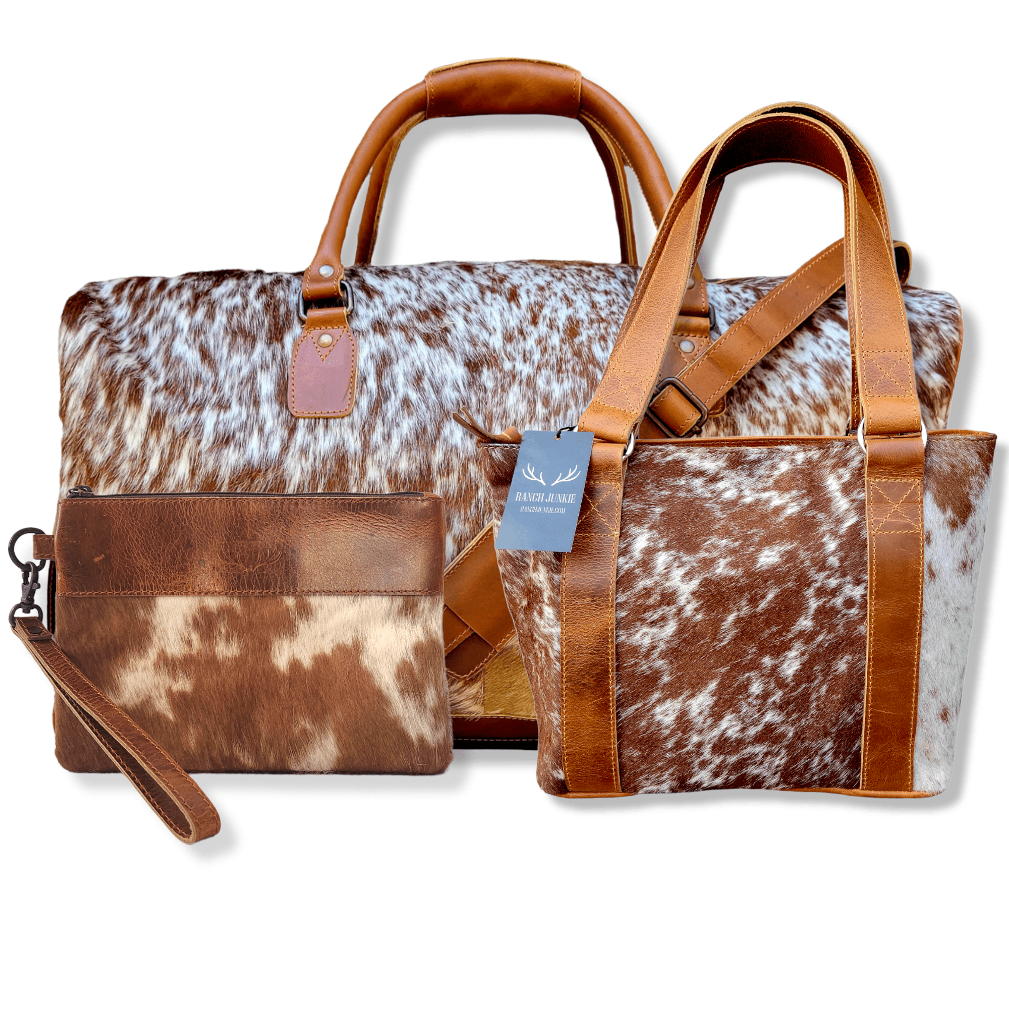 Mega Bundle Deal -The Highlands Large Genuine Cowhide Weekender Duffel Saddle+ Saddle Tote Purse +Wristlet Clutch Saddle - Ranch Junkie Mercantile LLC