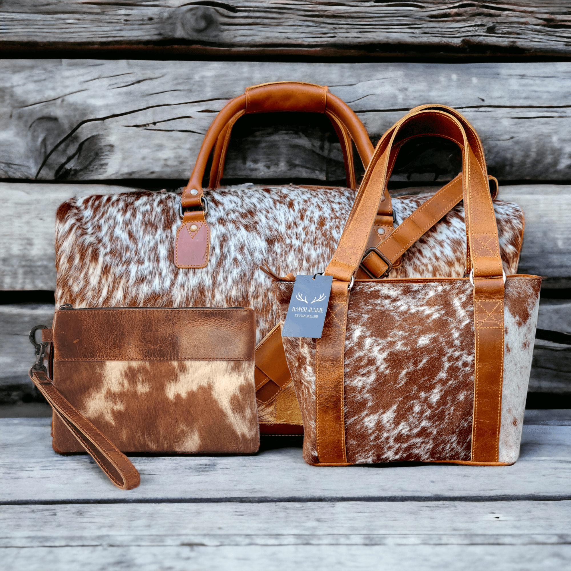 Mega Bundle Deal -The Highlands Large Genuine Cowhide Weekender Duffel Saddle+ Saddle Tote Purse +Wristlet Clutch Saddle - Ranch Junkie Mercantile LLC