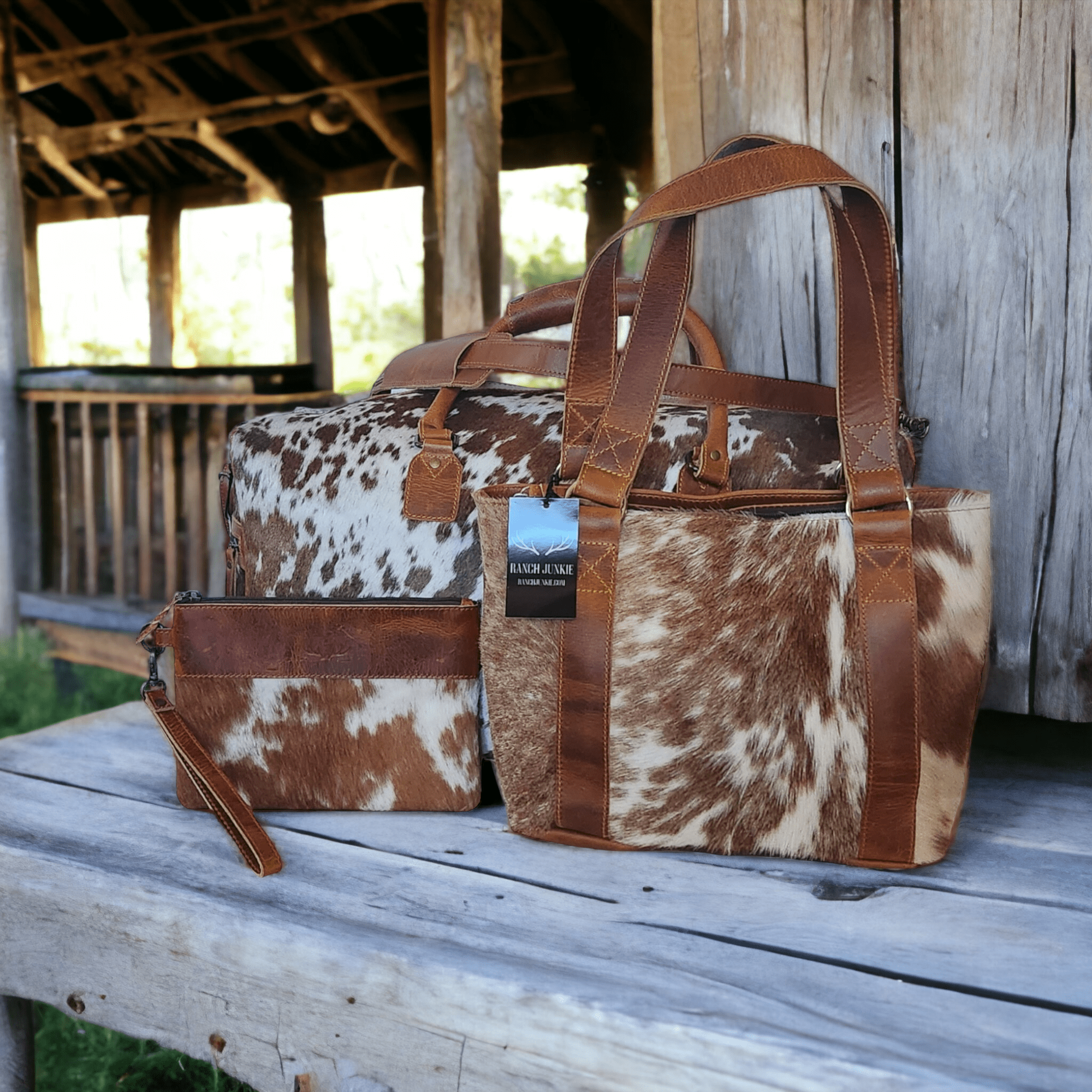 Mega Bundle Deal -The Highlands Large Genuine Cowhide Weekender Duffel Saddle+ Saddle Tote Purse +Wristlet Clutch Saddle - Ranch Junkie Mercantile LLC