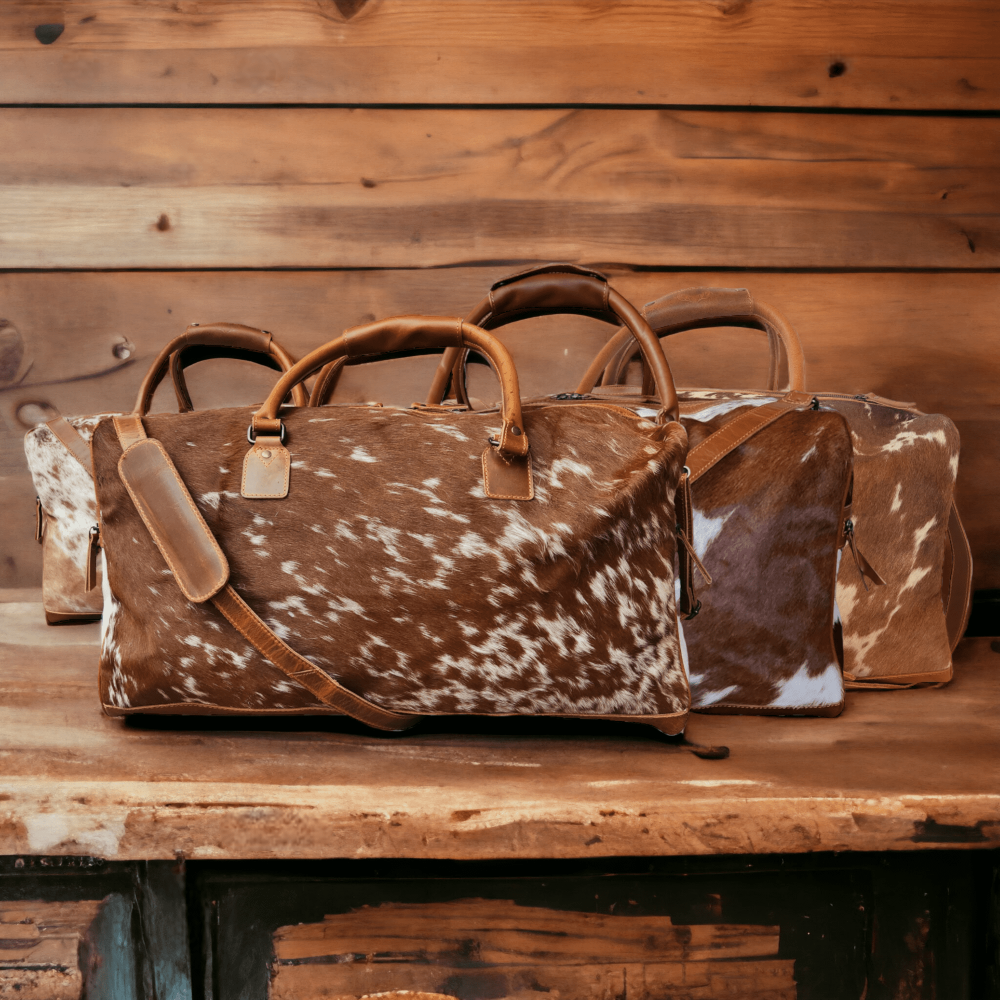 Mega Bundle Deal -The Highlands Large Genuine Cowhide Weekender Duffel Saddle+ Saddle Tote + Envelope Saddle Wallet - Ranch Junkie Mercantile LLC