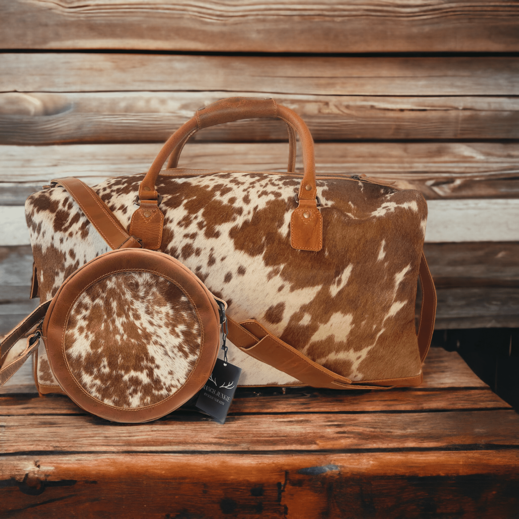 Bundle Deal -The Highlands Large Genuine Cowhide Weekender Duffel Saddle+ Crossbody Canteen Saddle - Ranch Junkie Mercantile LLC