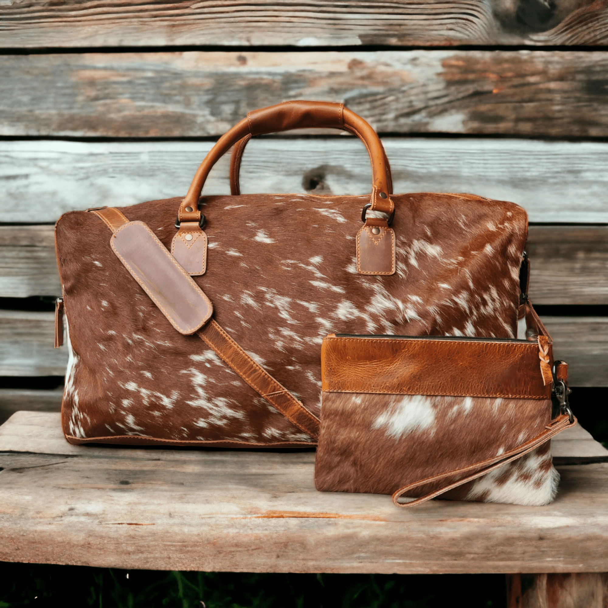 Bundle Deal -The Highlands Large Genuine Cowhide Weekender Duffel Saddle+ Wristlet Clutch Saddle - Ranch Junkie Mercantile LLC