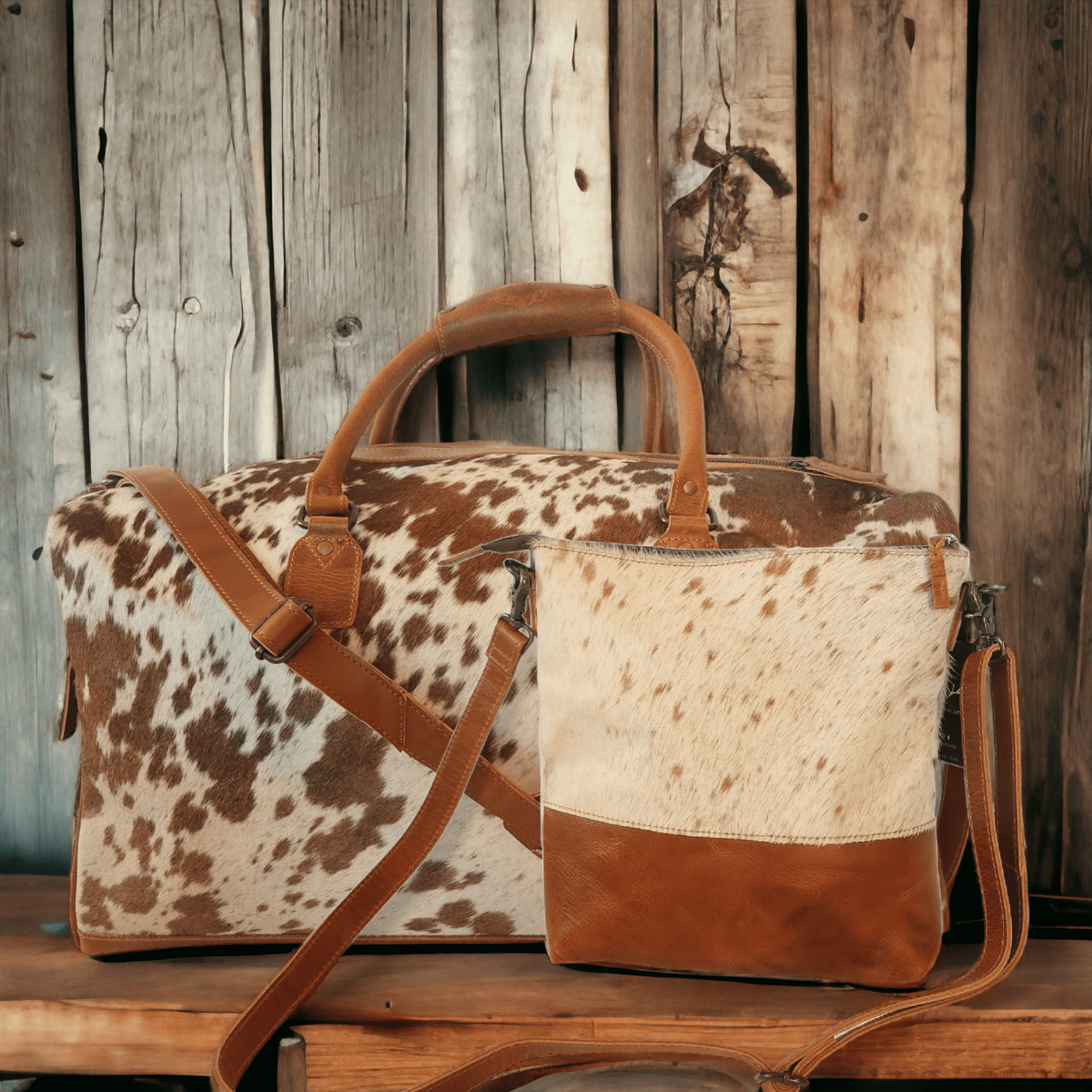 Bundle Deal -The Highlands Large Genuine Cowhide Weekender Duffel Saddle+ Crossbody Purse Saddle - Ranch Junkie Mercantile LLC