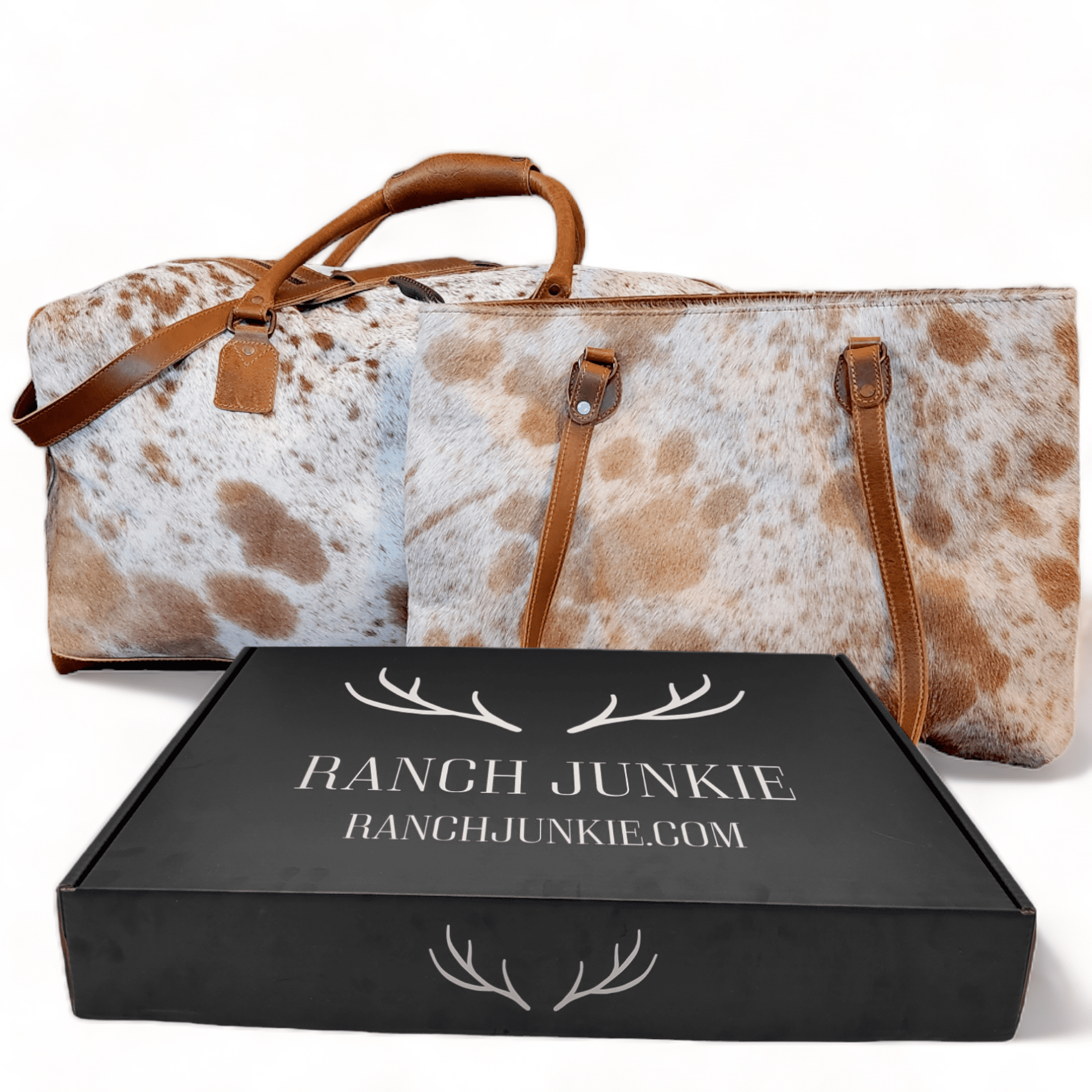 Bundle Deal Highlands Large Genuine Cowhide Weekender Duffel Saddle+ Cowhide Tote Bag Saddle - Ranch Junkie Mercantile LLC