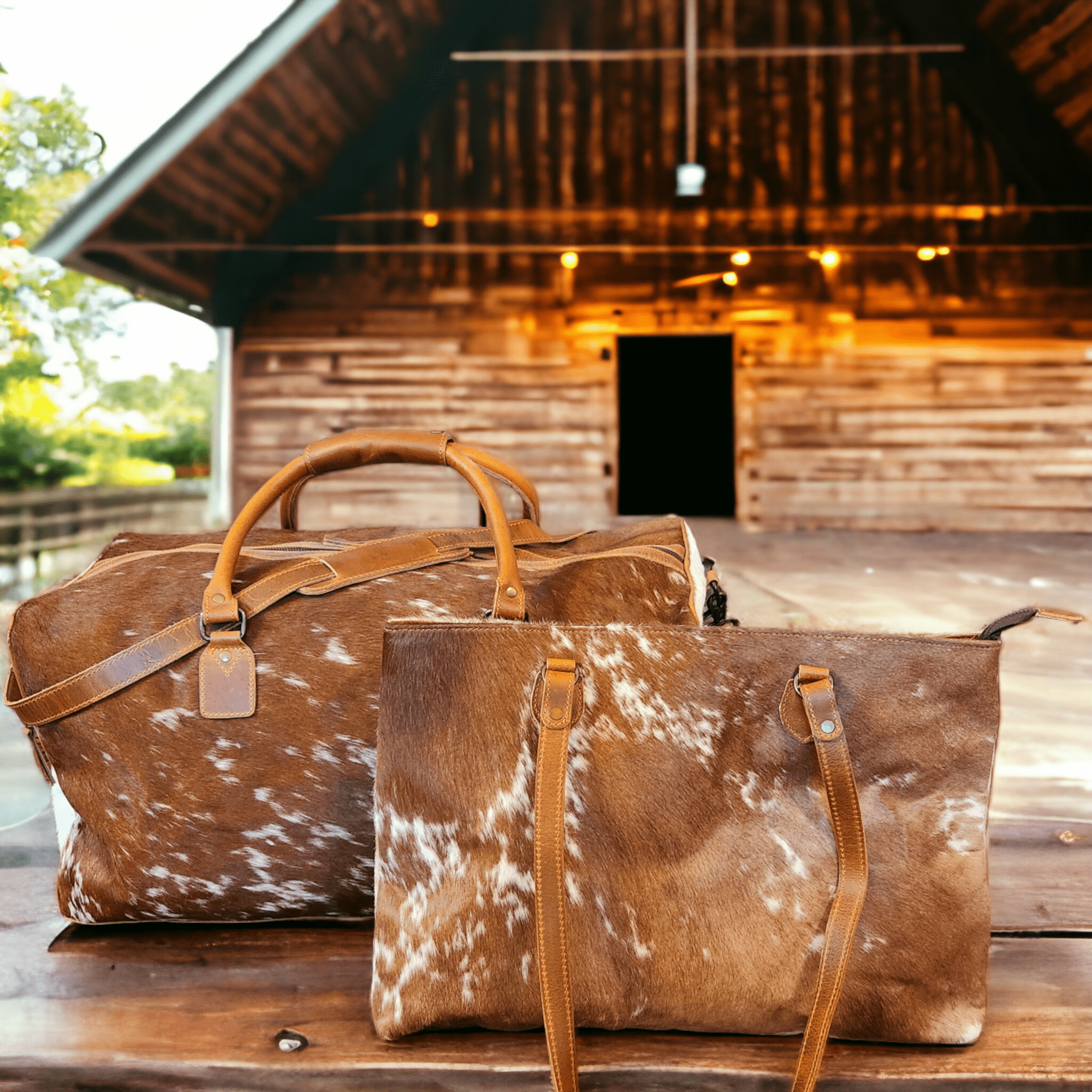 Bundle Deal -The Highlands Large Genuine Cowhide Weekender Duffel Saddle+ Cowhide Tote Bag Saddle - Ranch Junkie Mercantile LLC