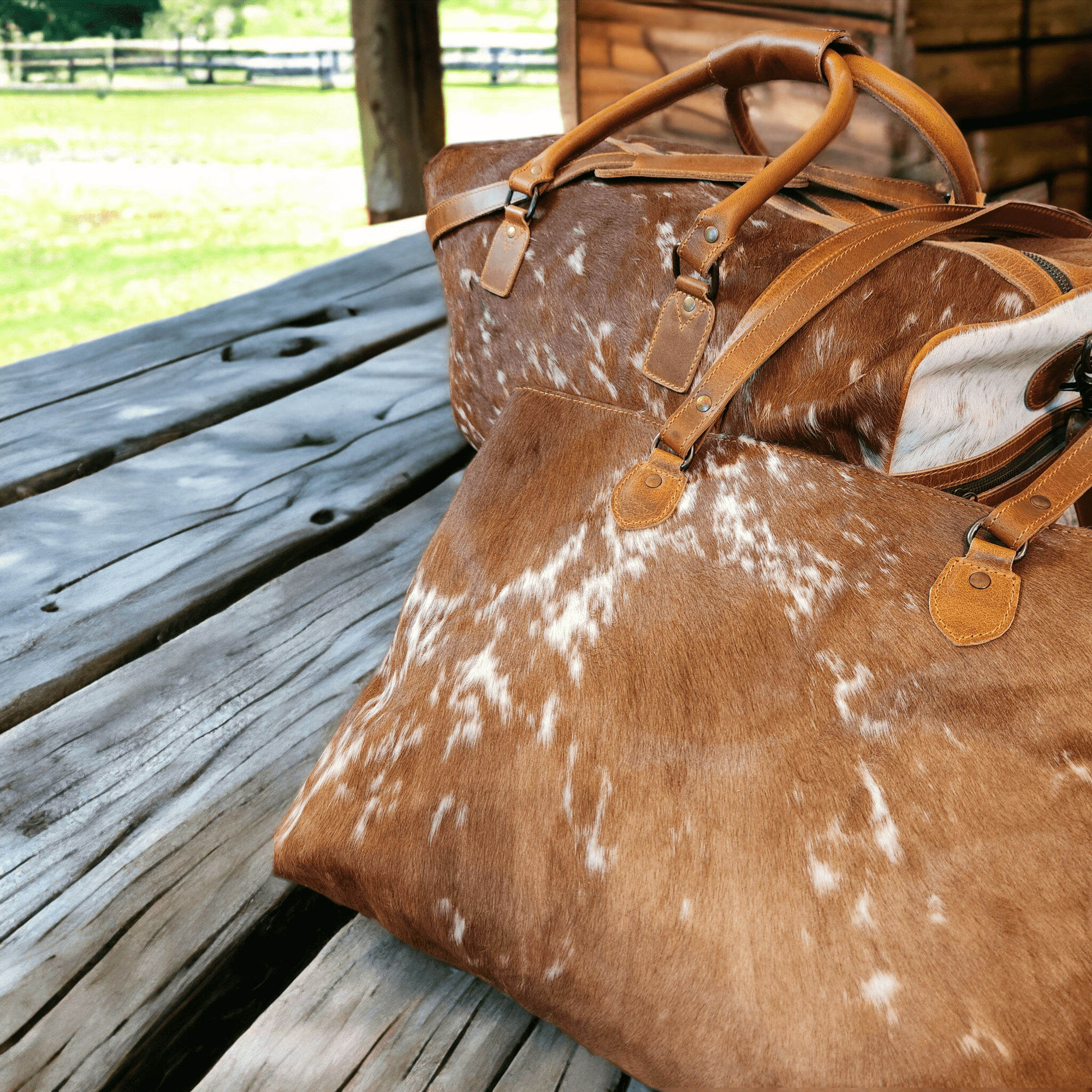 Bundle Deal -The Highlands Large Genuine Cowhide Weekender Duffel Saddle+ Cowhide Tote Bag Saddle - Ranch Junkie Mercantile LLC