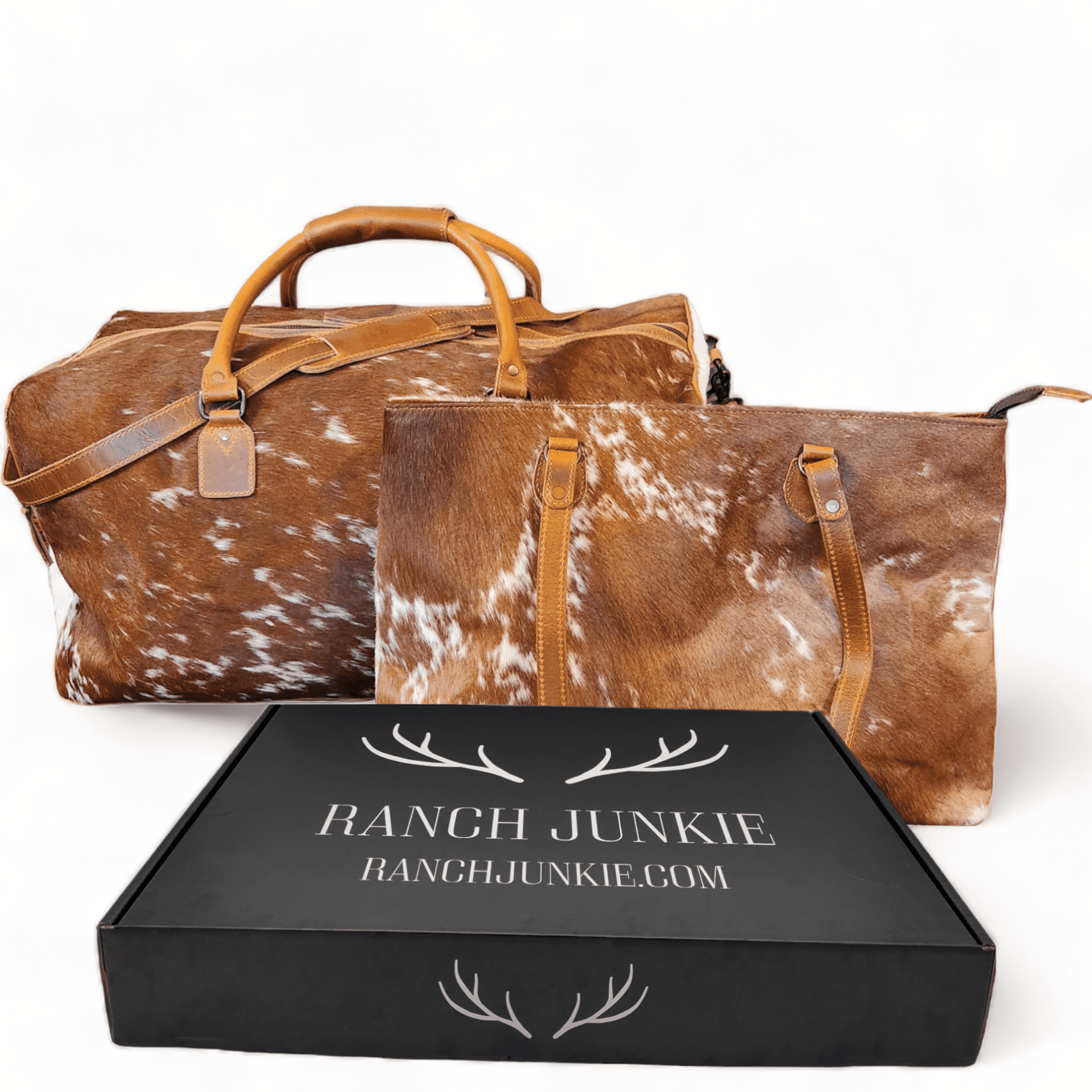 Bundle Deal -The Highlands Large Genuine Cowhide Weekender Duffel Saddle+ Cowhide Tote Bag Saddle - Ranch Junkie Mercantile LLC