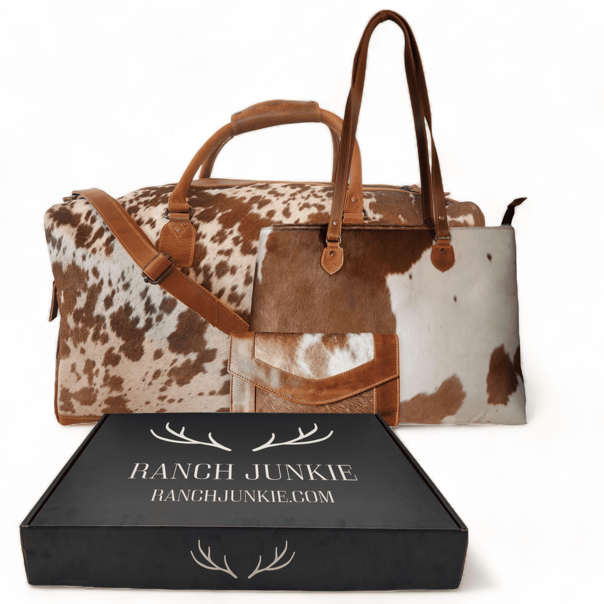 Mega Bundle Deal -The Highlands Large Genuine Cowhide Weekender Duffel Saddle+ Saddle Tote + Envelope Saddle Wallet - Ranch Junkie Mercantile LLC