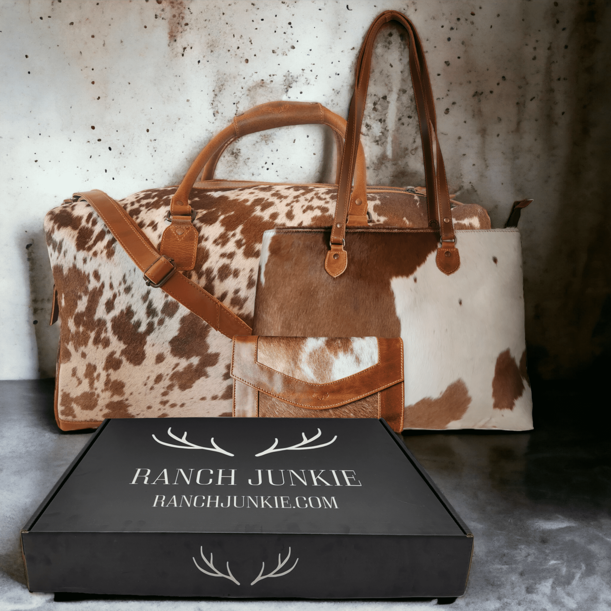 Mega Bundle Deal -The Highlands Large Genuine Cowhide Weekender Duffel Saddle+ Saddle Tote + Envelope Saddle Wallet - Ranch Junkie Mercantile LLC