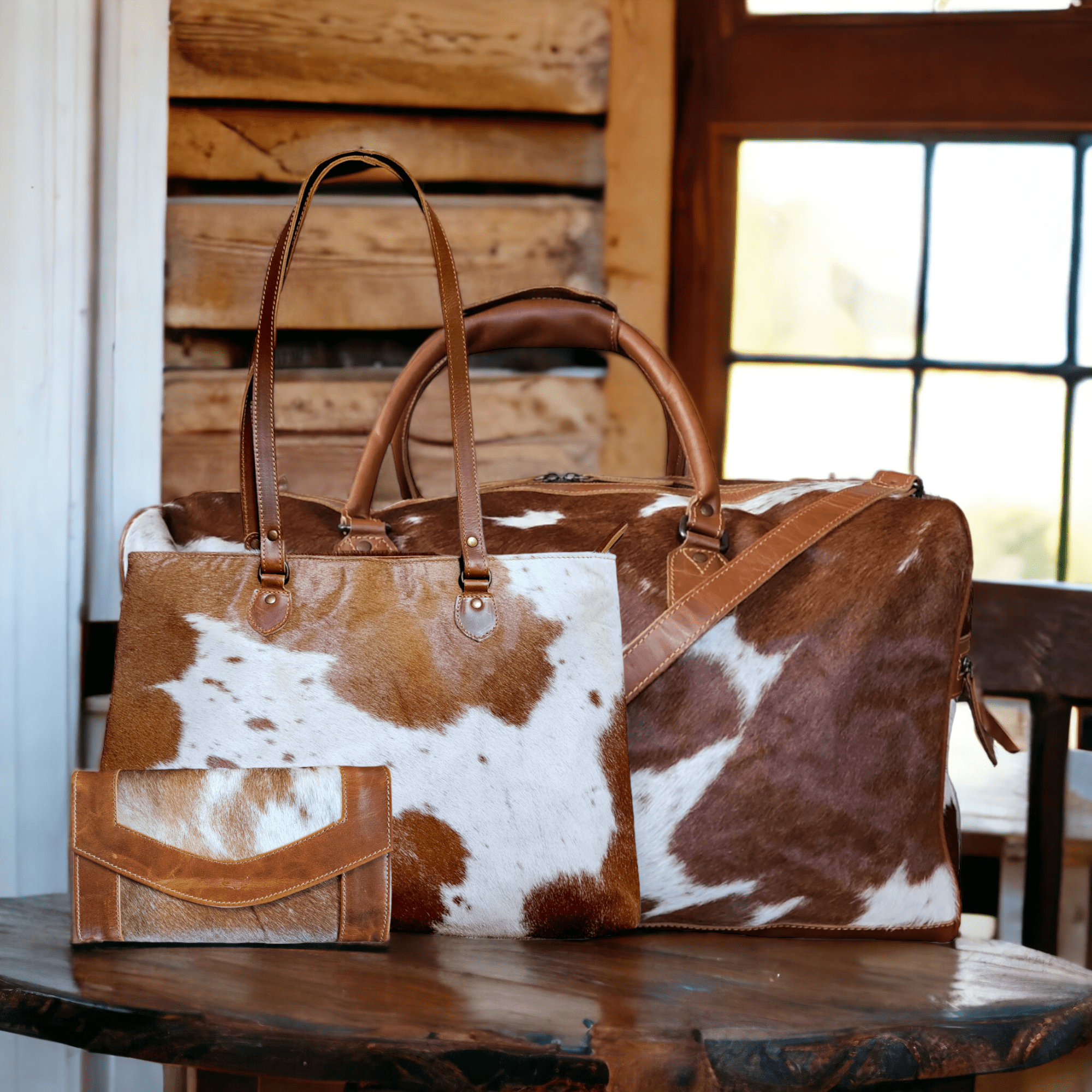 Mega Bundle Deal -The Highlands Large Genuine Cowhide Weekender Duffel Saddle+ Saddle Tote + Envelope Saddle Wallet - Ranch Junkie Mercantile LLC