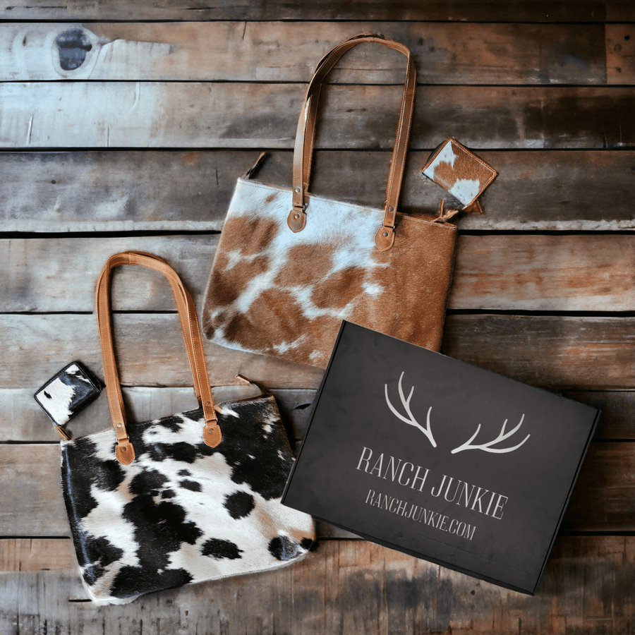 Bundle Deal -The Highlands Cowhide Large Tote + Cowhide Credit Card Wallet - Ranch Junkie Mercantile LLC