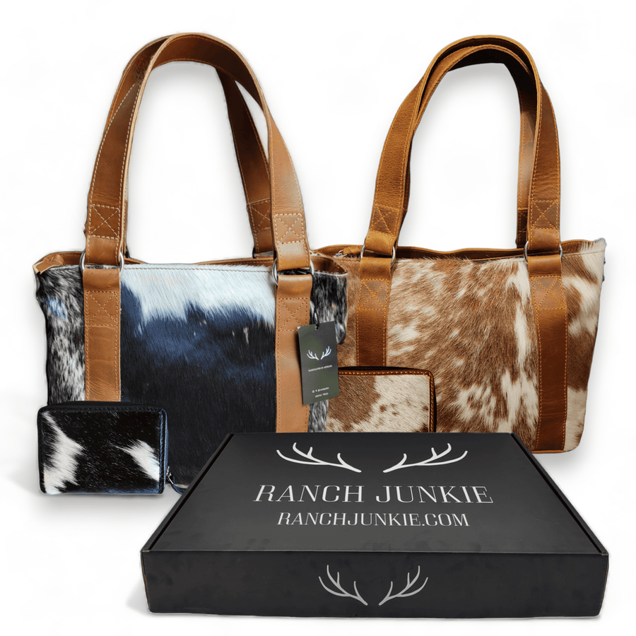 Bundle Deal -The Highlands Cowhide Tote Purse + Cowhide Credit Card Wallet - Ranch Junkie Mercantile LLC