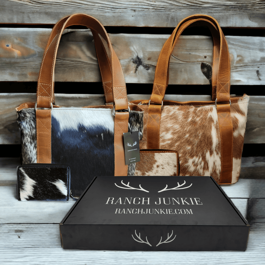 Bundle Deal -The Highlands Cowhide Tote Purse + Cowhide Credit Card Wallet - Ranch Junkie Mercantile LLC