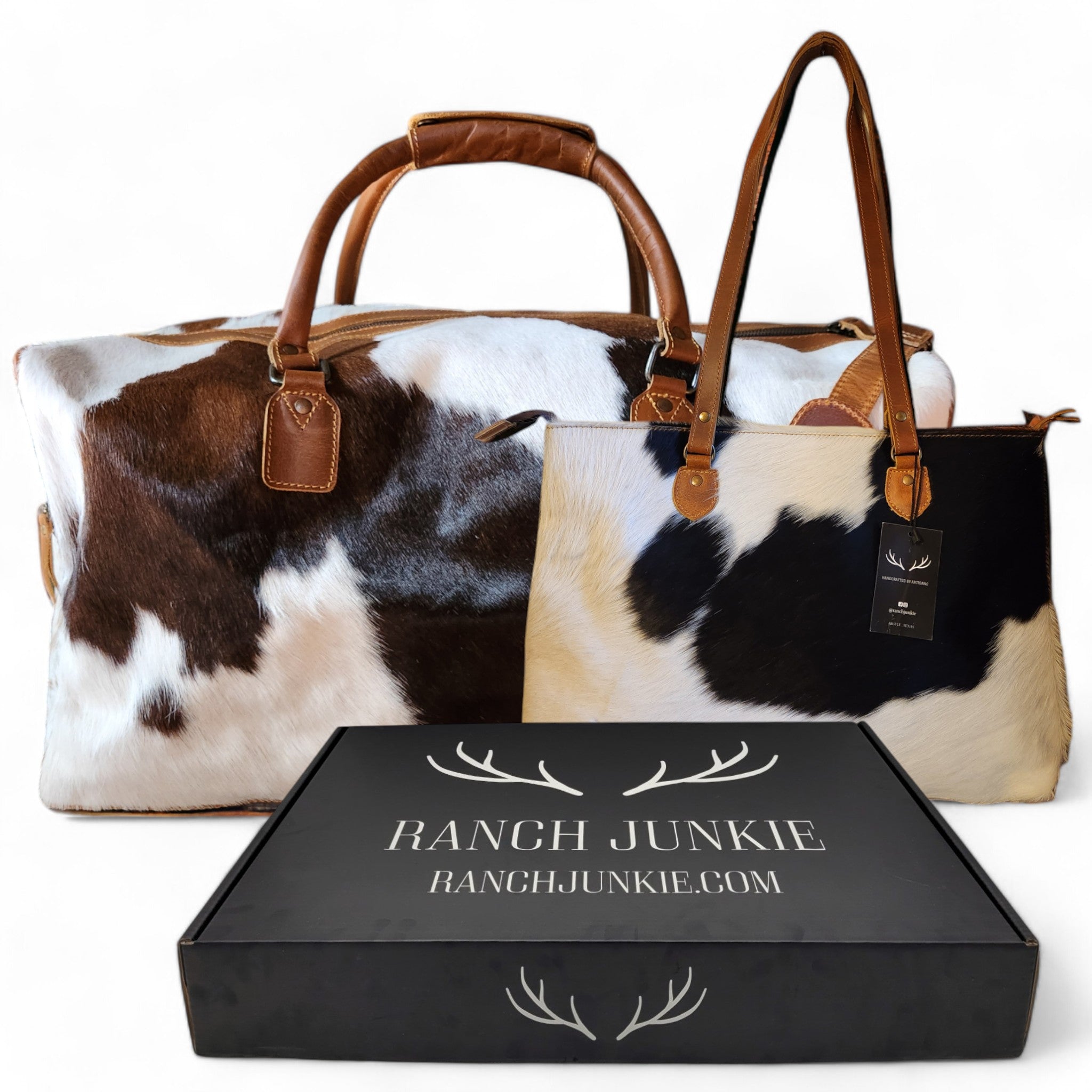 Bundle Deal Highlands Large Genuine Cowhide Weekender Duffel Tricolor + Cowhide Tote Bag - Ranch Junkie Mercantile LLC