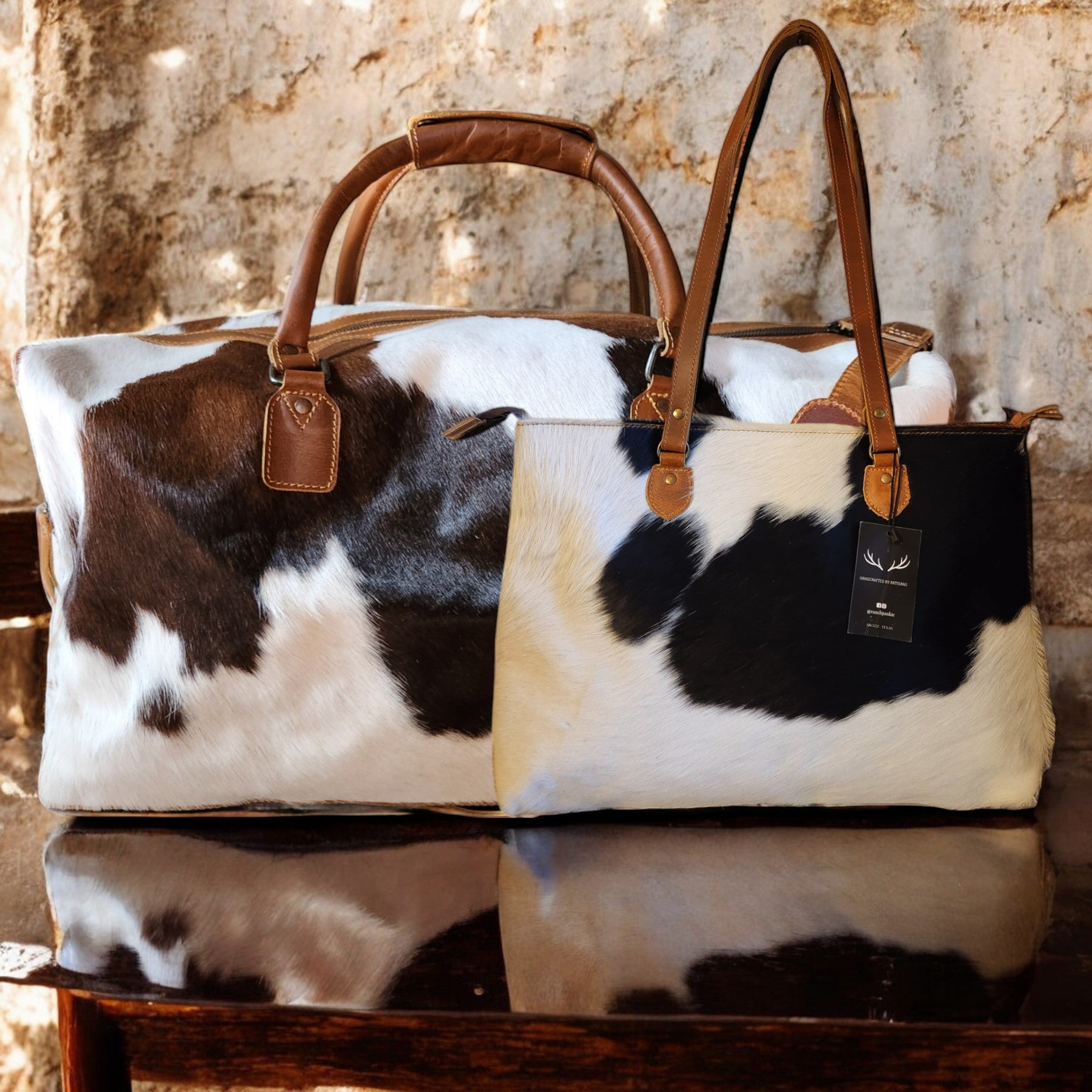 Bundle Deal Highlands Large Genuine Cowhide Weekender Duffel Tricolor + Cowhide Tote Bag - Ranch Junkie Mercantile LLC