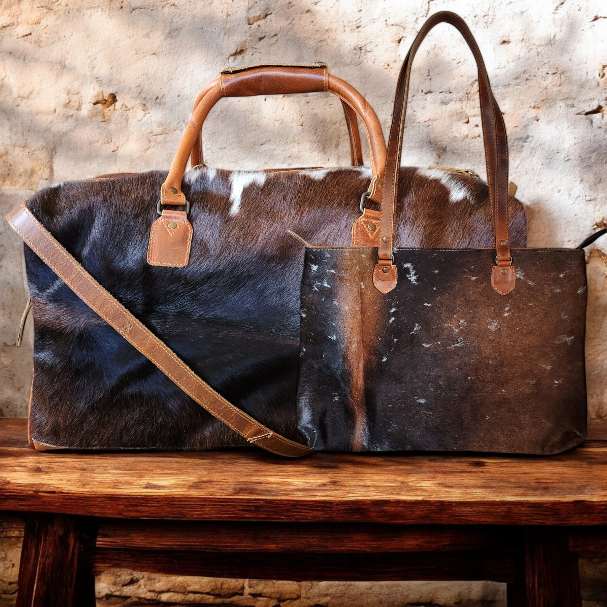 Bundle Deal Highlands Large Genuine Cowhide Weekender Duffel Tricolor + Cowhide Tote Bag - Ranch Junkie Mercantile LLC