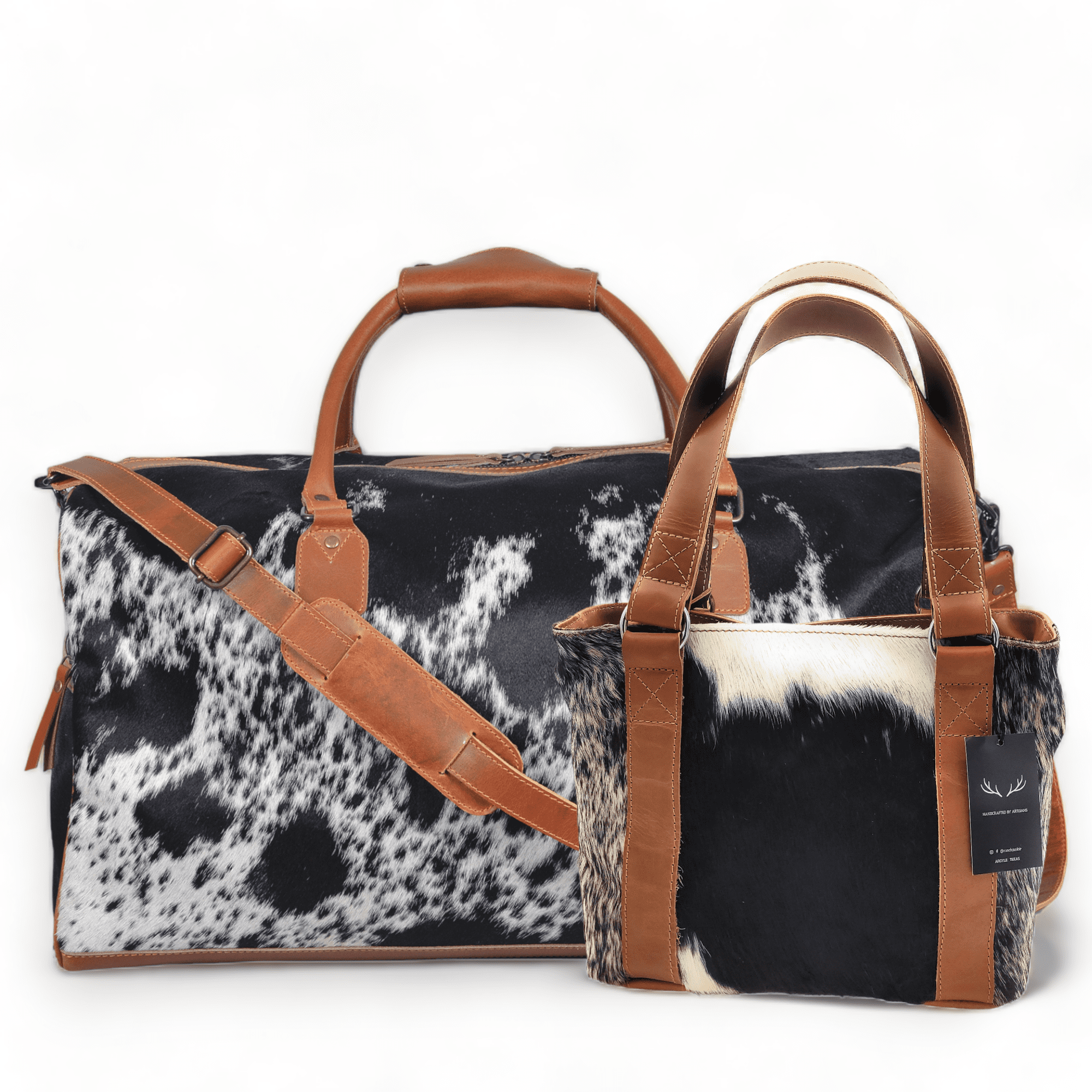 Bundle Deal Black Highlands Large Genuine Cowhide Weekender Duffel Bag+ Black Tote Cowhide Purse - Ranch Junkie Mercantile LLC