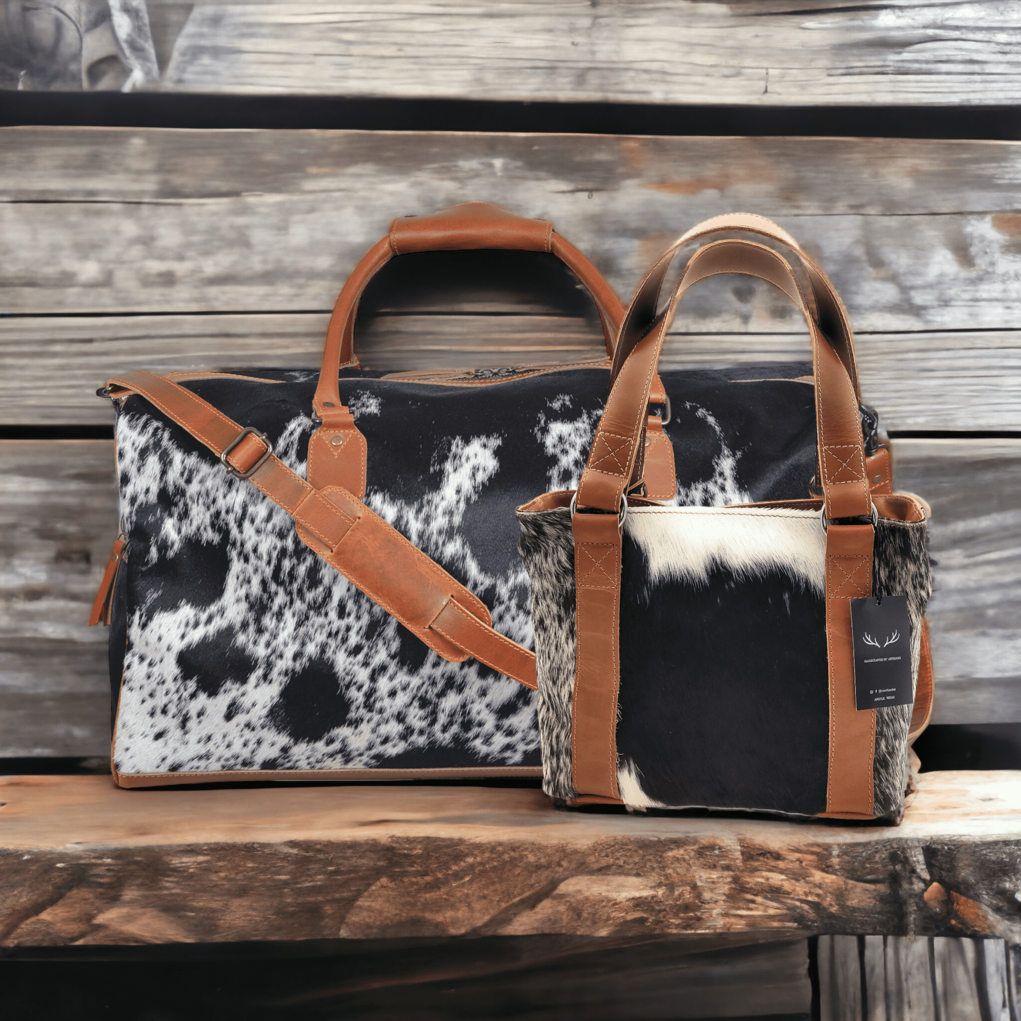 Bundle Deal -The Black Highlands Large Genuine Cowhide Weekender Duffel Bag+ Black Tote Cowhide Purse - Ranch Junkie Mercantile LLC