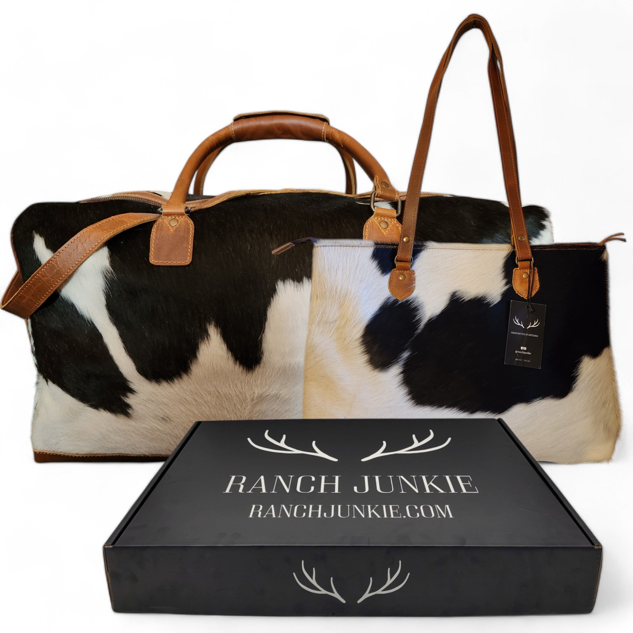 Bundle Deal Highlands Large Genuine Cowhide Weekender Duffel White And Black Spot + Cowhide Tote Bag - Ranch Junkie Mercantile LLC