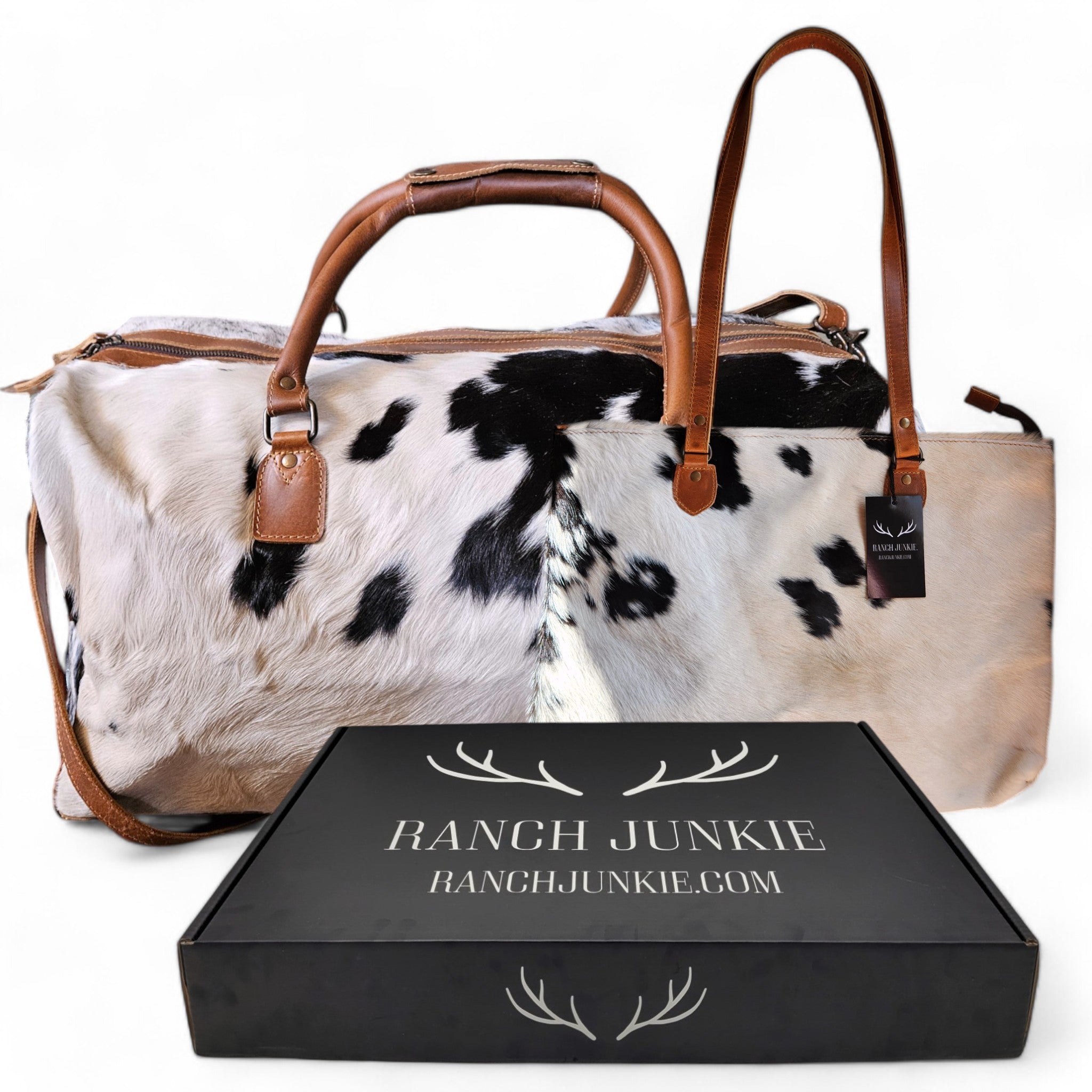 Bundle Deal Highlands Large Genuine Cowhide Weekender Duffel White And Black Spot + Cowhide Tote Bag - Ranch Junkie Mercantile LLC