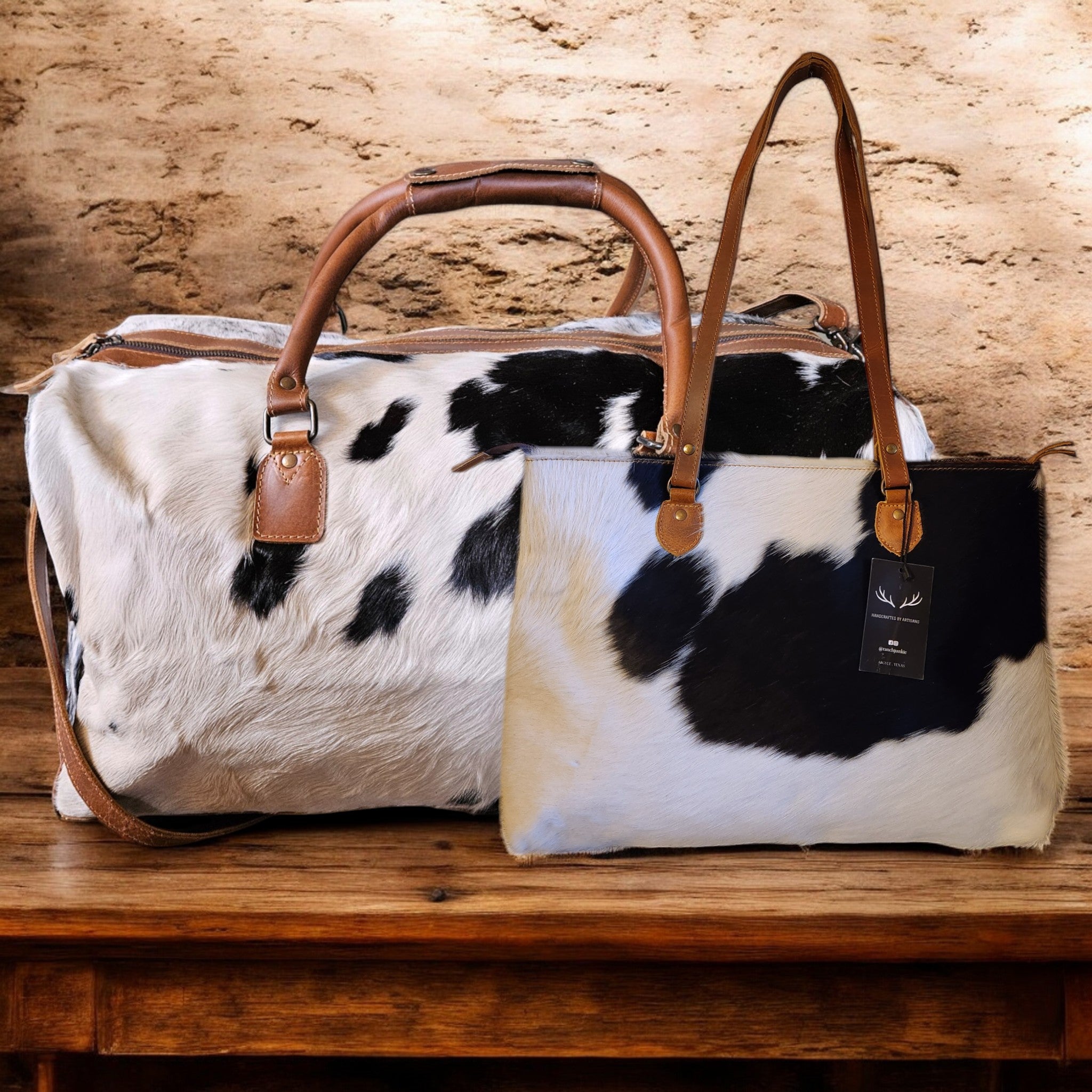 Bundle Deal Highlands Large Genuine Cowhide Weekender Duffel White And Black Spot + Cowhide Tote Bag - Ranch Junkie Mercantile LLC