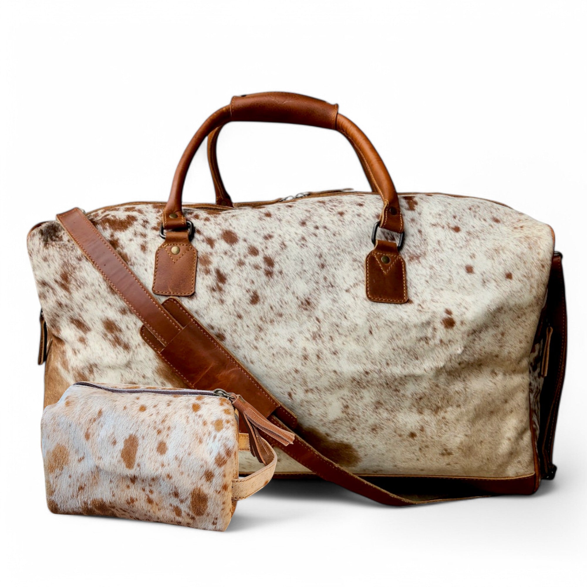 Bundle Deal Highlands Large Caramel Genuine Cowhide Duffel Bag+ Caramel Cosmetic Pouch Highlands Cowhide Makeup Bag - Ranch Junkie Mercantile LLC