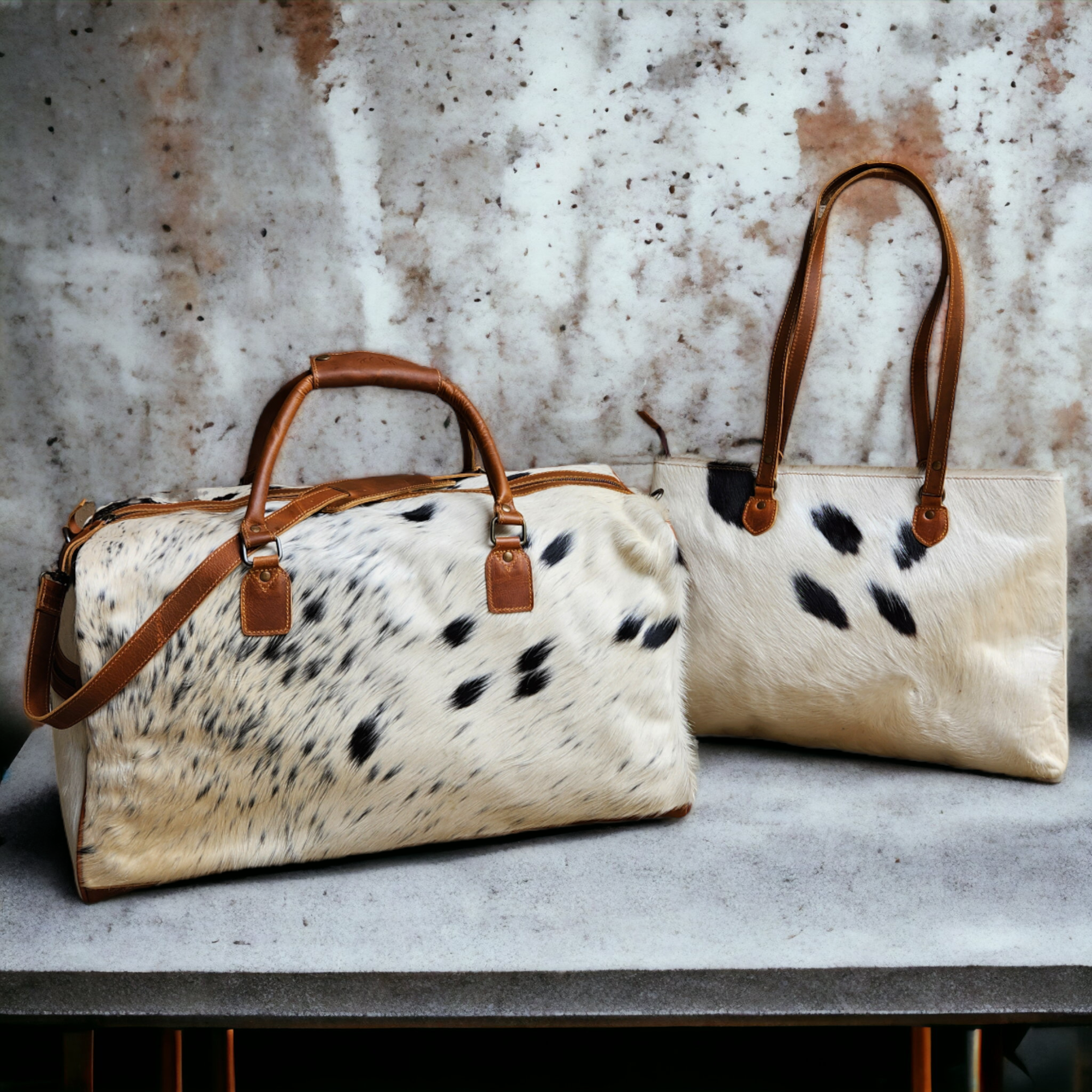 Bundle Deal Highlands Large Genuine Cowhide Weekender Duffel White Speckled + Cowhide Tote Bag Black - Ranch Junkie Mercantile LLC