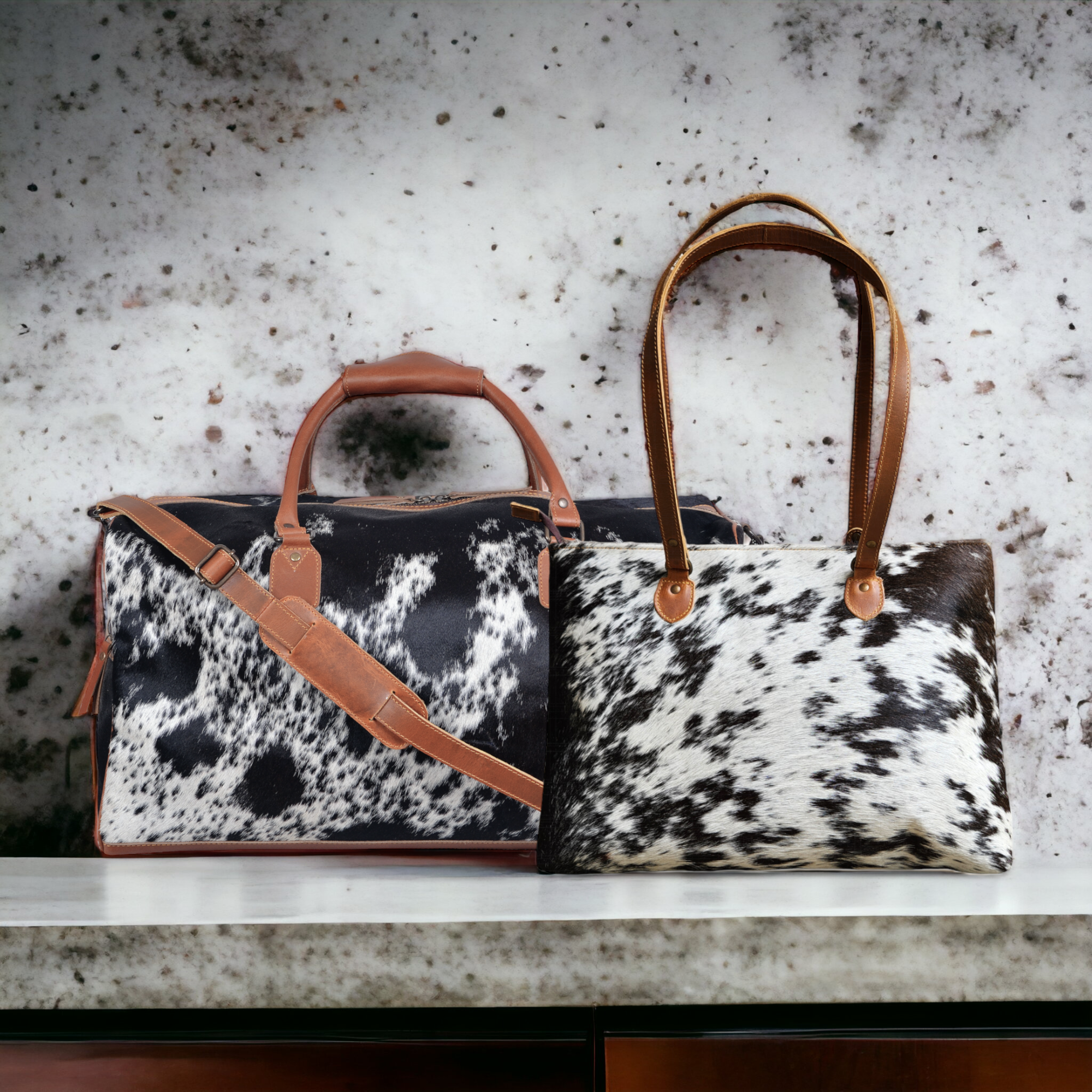 Bundle Deal Highlands Large Genuine Cowhide Weekender Duffel Black Speckled + Cowhide Tote Bag - Ranch Junkie Mercantile LLC