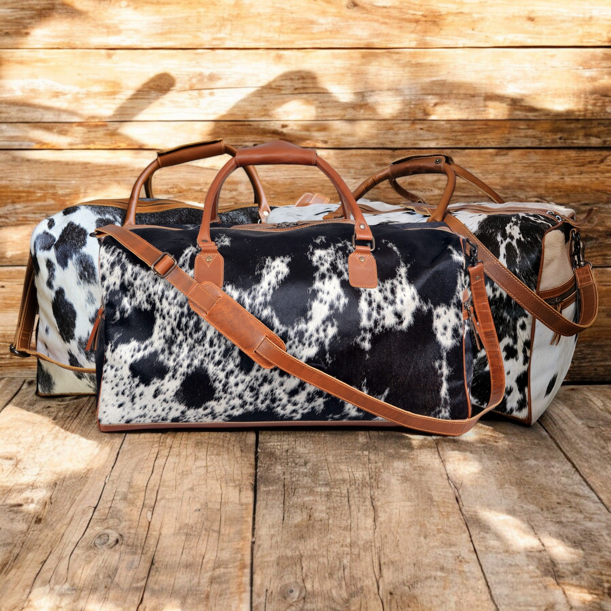 Bundle Deal Highlands Large Genuine Cowhide Weekender Duffel Black Speckled + Cowhide Tote Bag - Ranch Junkie Mercantile LLC