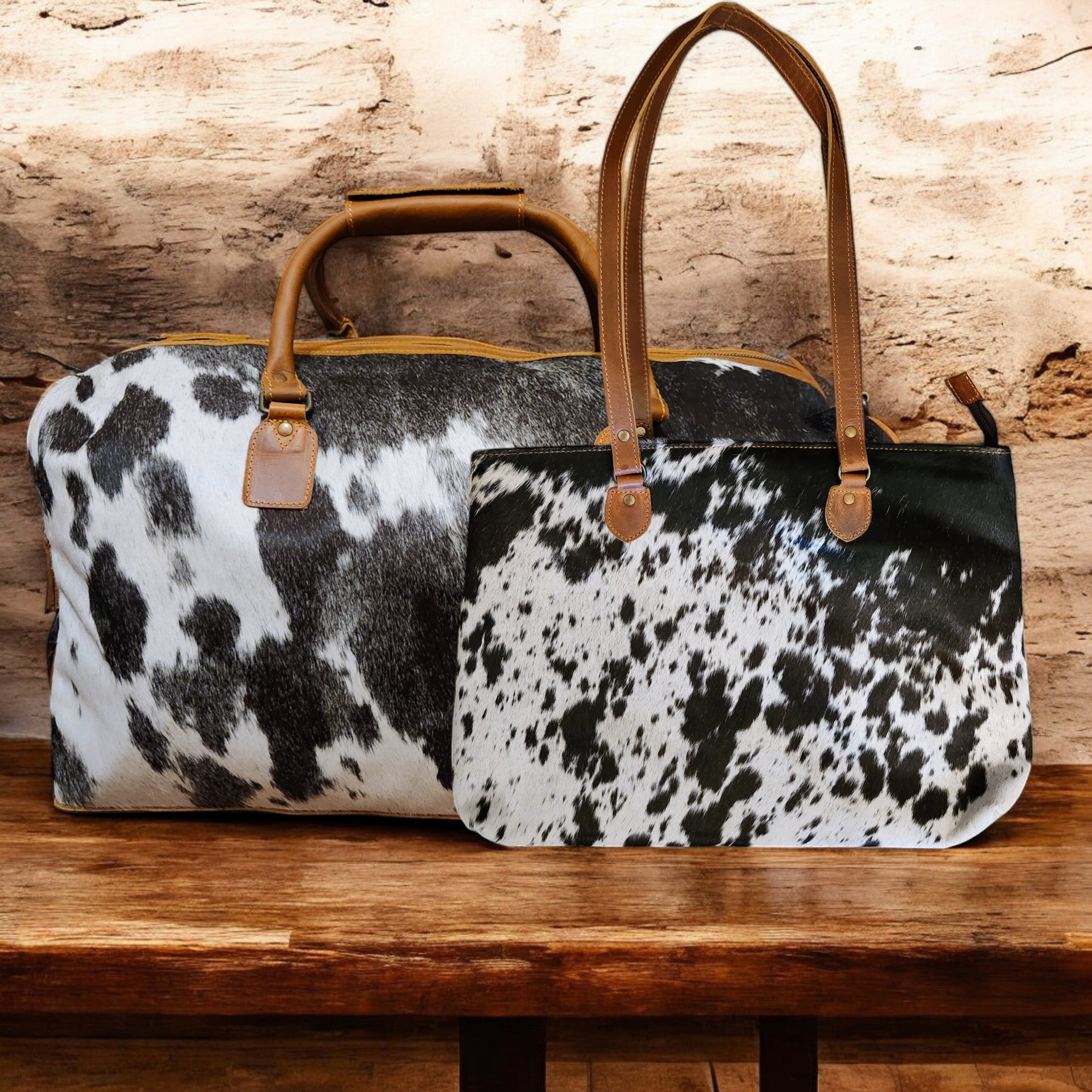 Bundle Deal Highlands Large Genuine Cowhide Weekender Duffel Black Speckled + Cowhide Tote Bag - Ranch Junkie Mercantile LLC