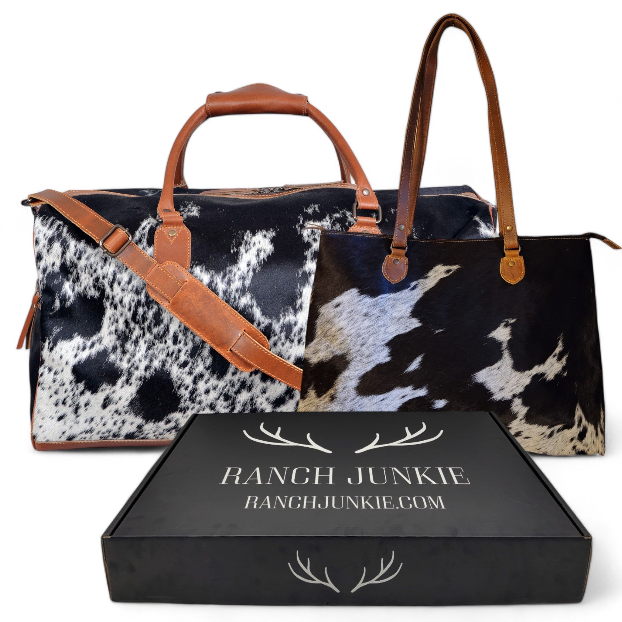 Bundle Deal Highlands Large Genuine Cowhide Weekender Duffel Black Speckled + Cowhide Tote Bag - Ranch Junkie Mercantile LLC