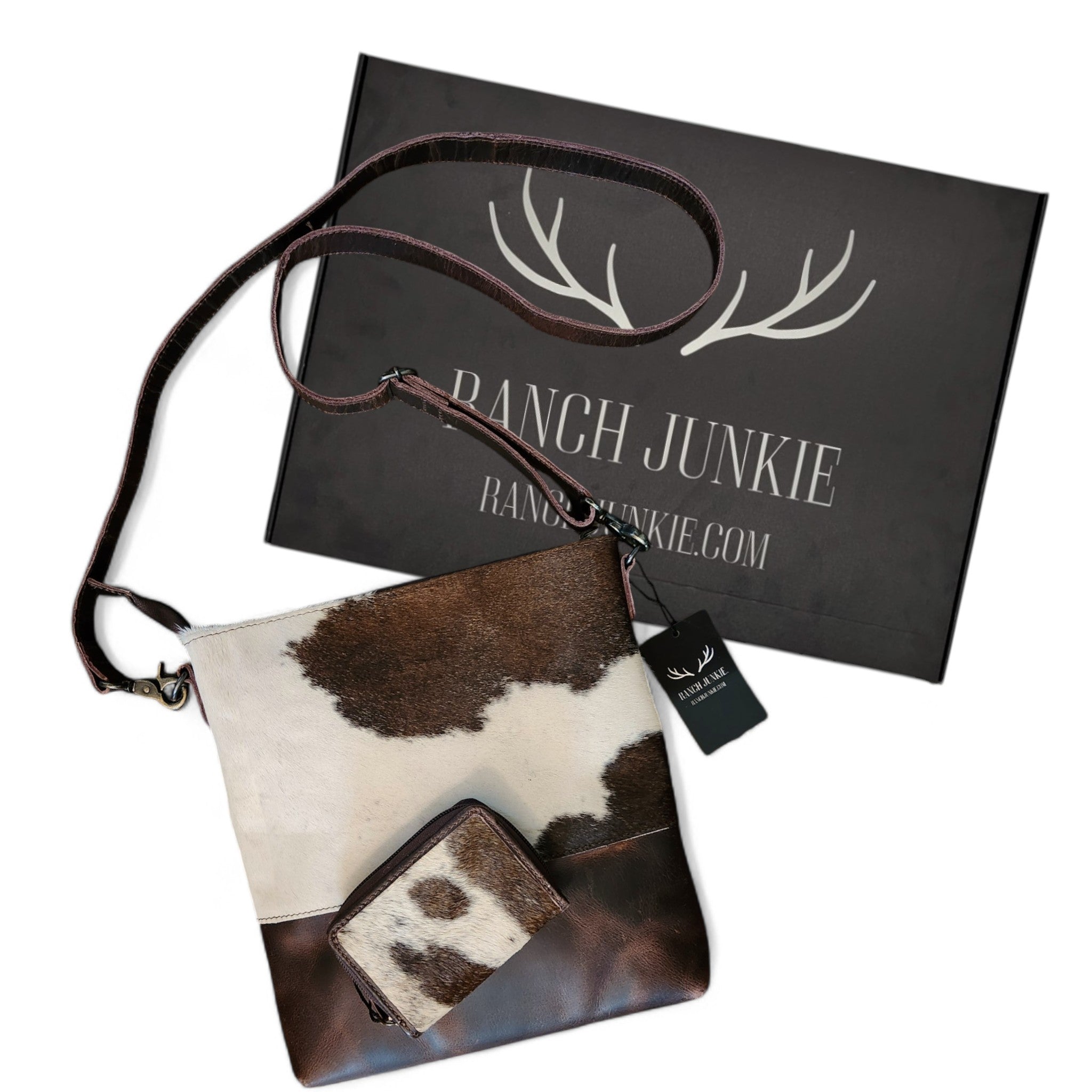 Bundle Deal Dark Vintage Brown Highlands Cowhide Crossbody Purse + Cowhide Credit Card Wallet - Ranch Junkie Mercantile LLC