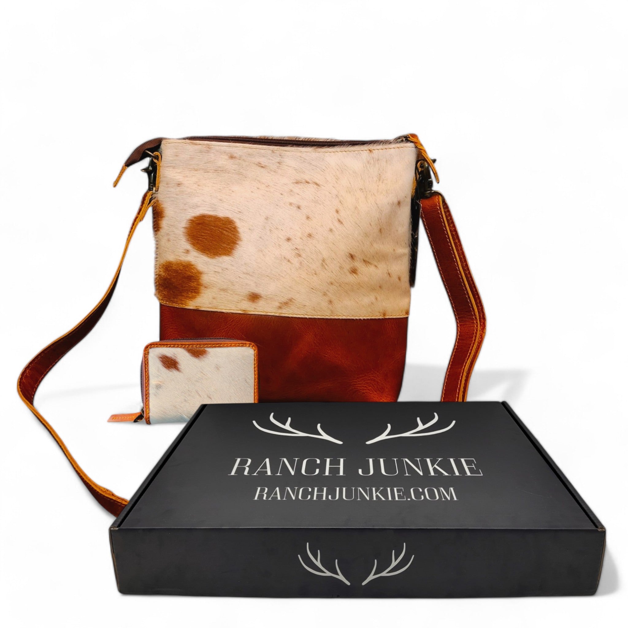 Bundle Deal Highlands Saddle Cowhide Crossbody Purse + Cowhide Credit Card Wallet - Ranch Junkie Mercantile LLC