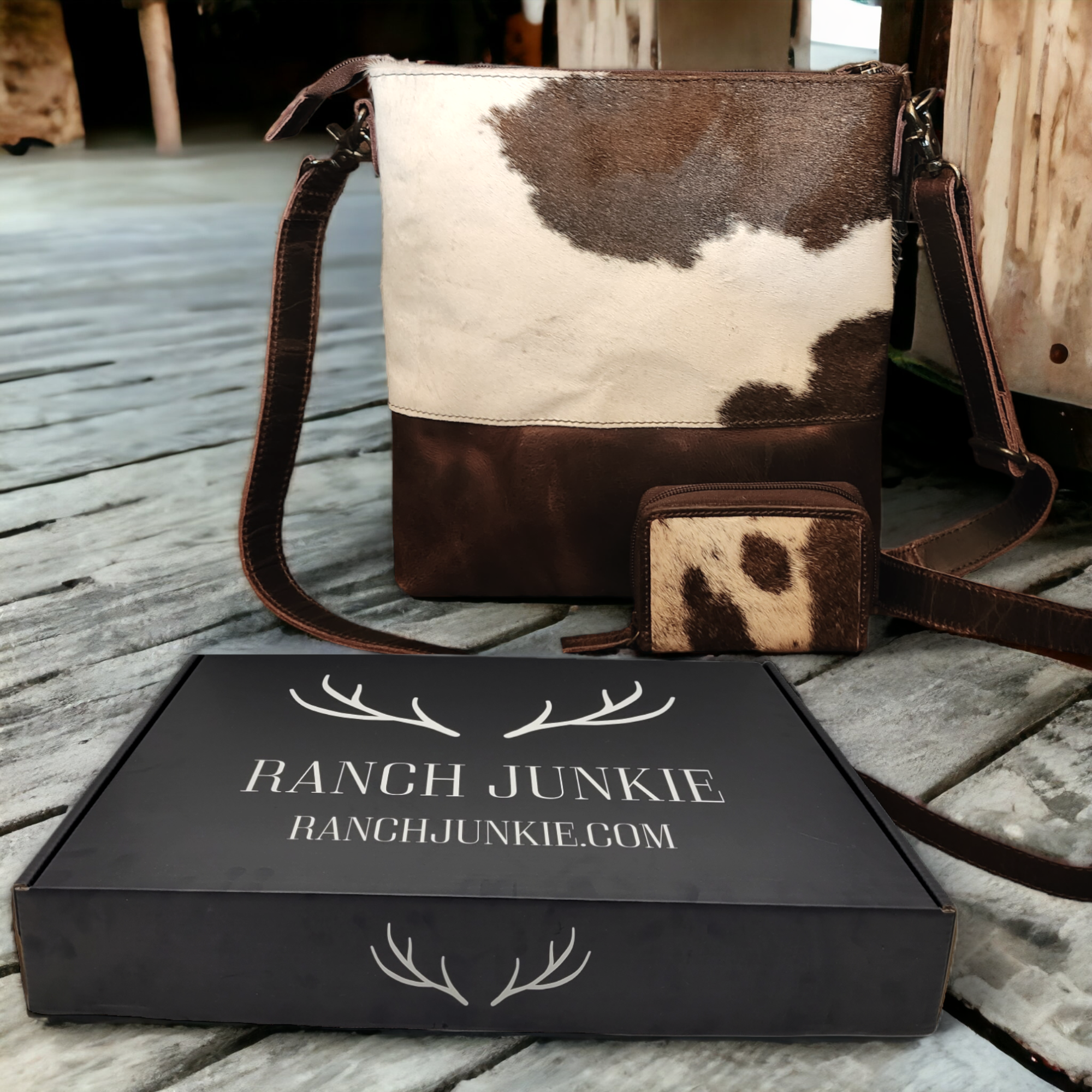 Bundle Deal Dark Vintage Brown Highlands Cowhide Crossbody Purse + Cowhide Credit Card Wallet - Ranch Junkie Mercantile LLC