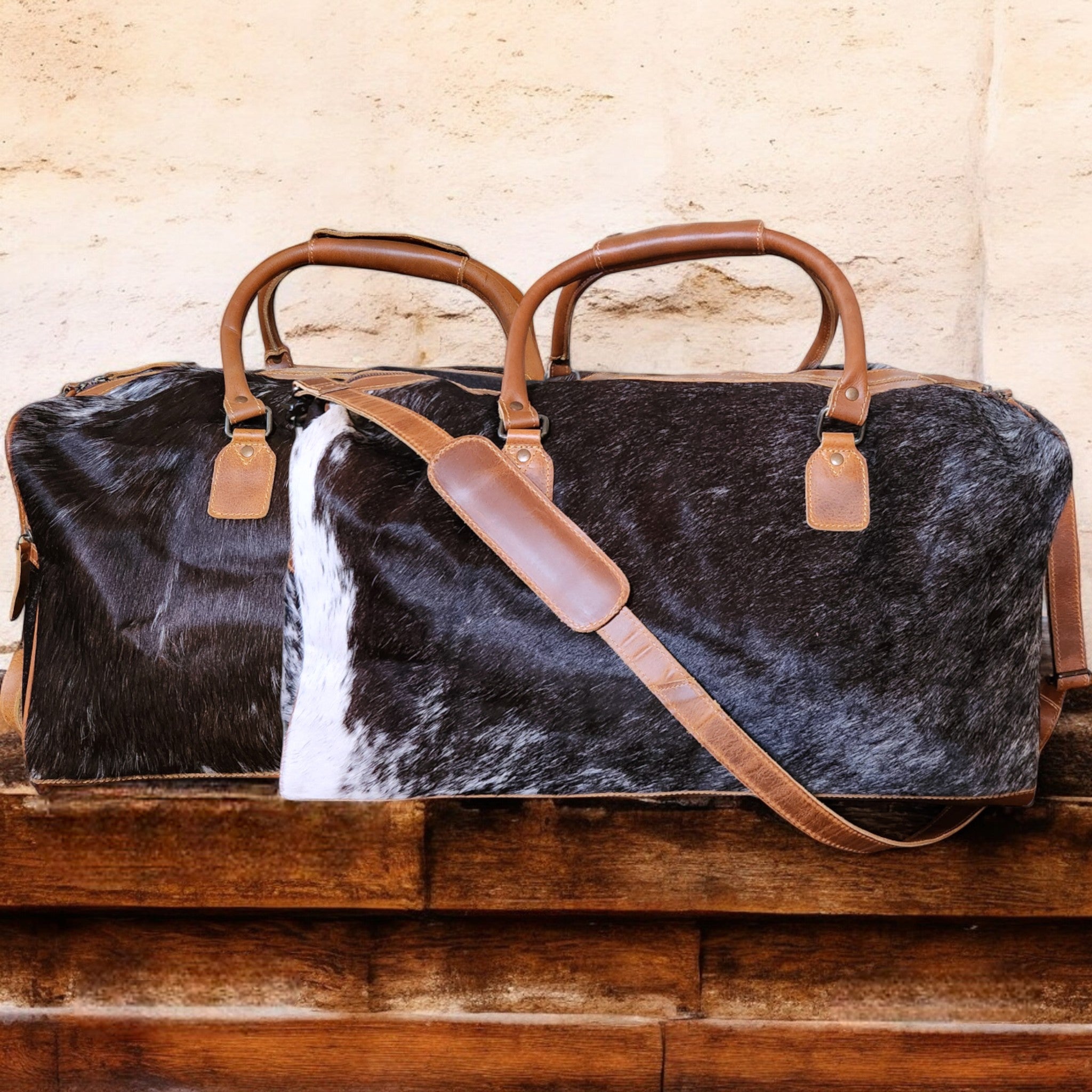 Bundle Deal Highlands Large Genuine Cowhide Weekender Duffel Mostly Black + Cowhide Tote Bag - Ranch Junkie Mercantile LLC