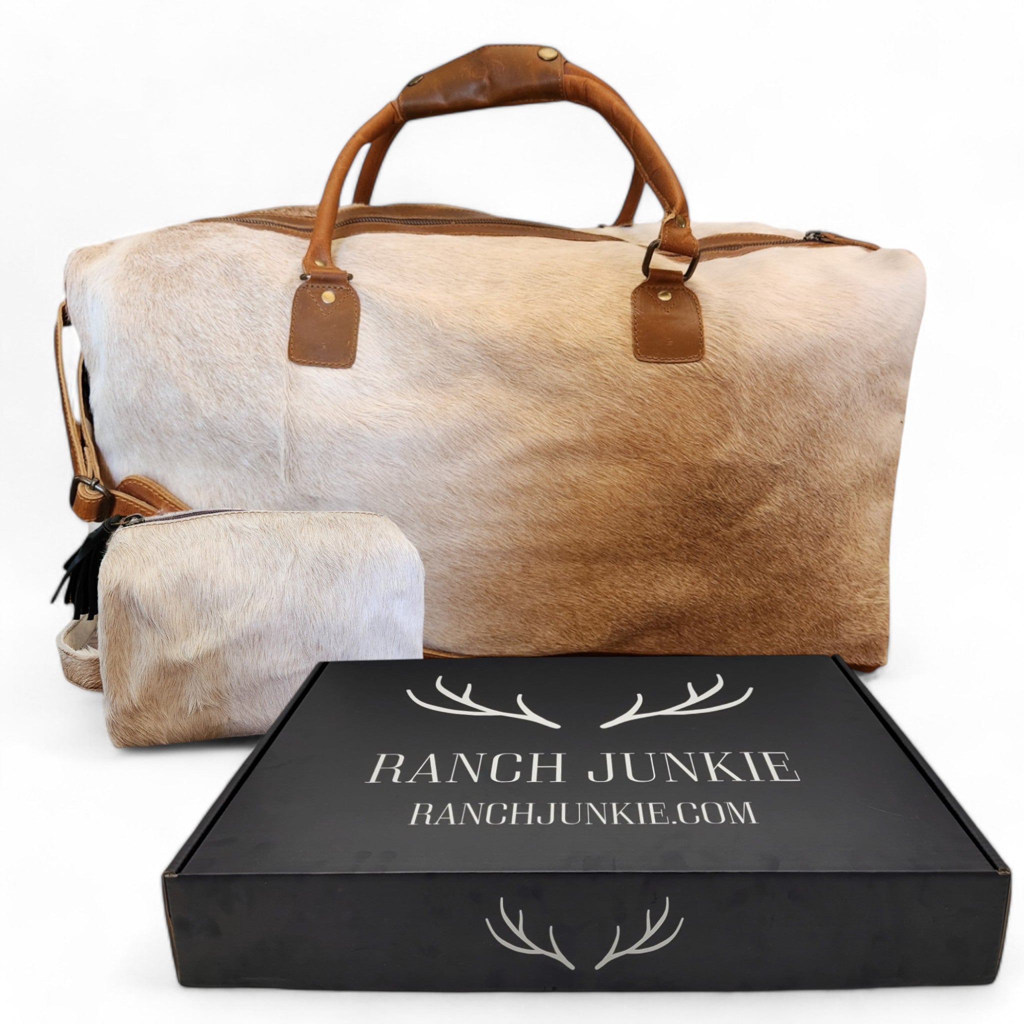 Bundle Deal Highlands Large Genuine Cowhide Weekender Duffel Bag + Cosmetic Pouch Highlands Cowhide Makeup Bag Toasted Marshmallow - Ranch Junkie Mercantile LLC