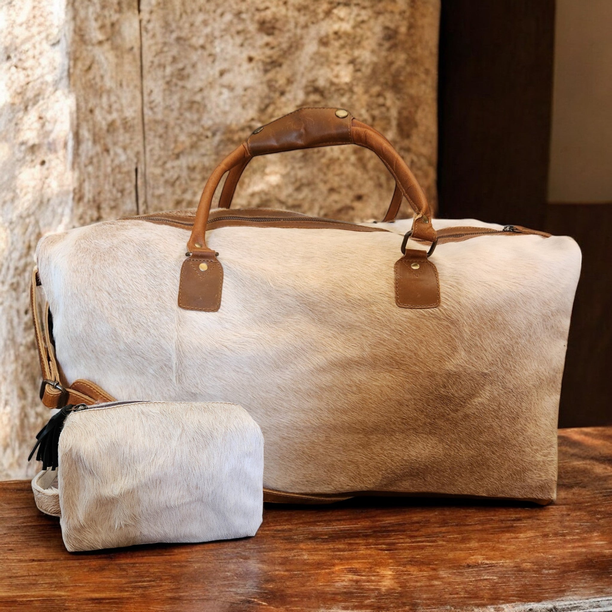 Bundle Deal Highlands Large Genuine Cowhide Weekender Duffel Bag + Cosmetic Pouch Highlands Cowhide Makeup Bag Toasted Marshmallow - Ranch Junkie Mercantile LLC
