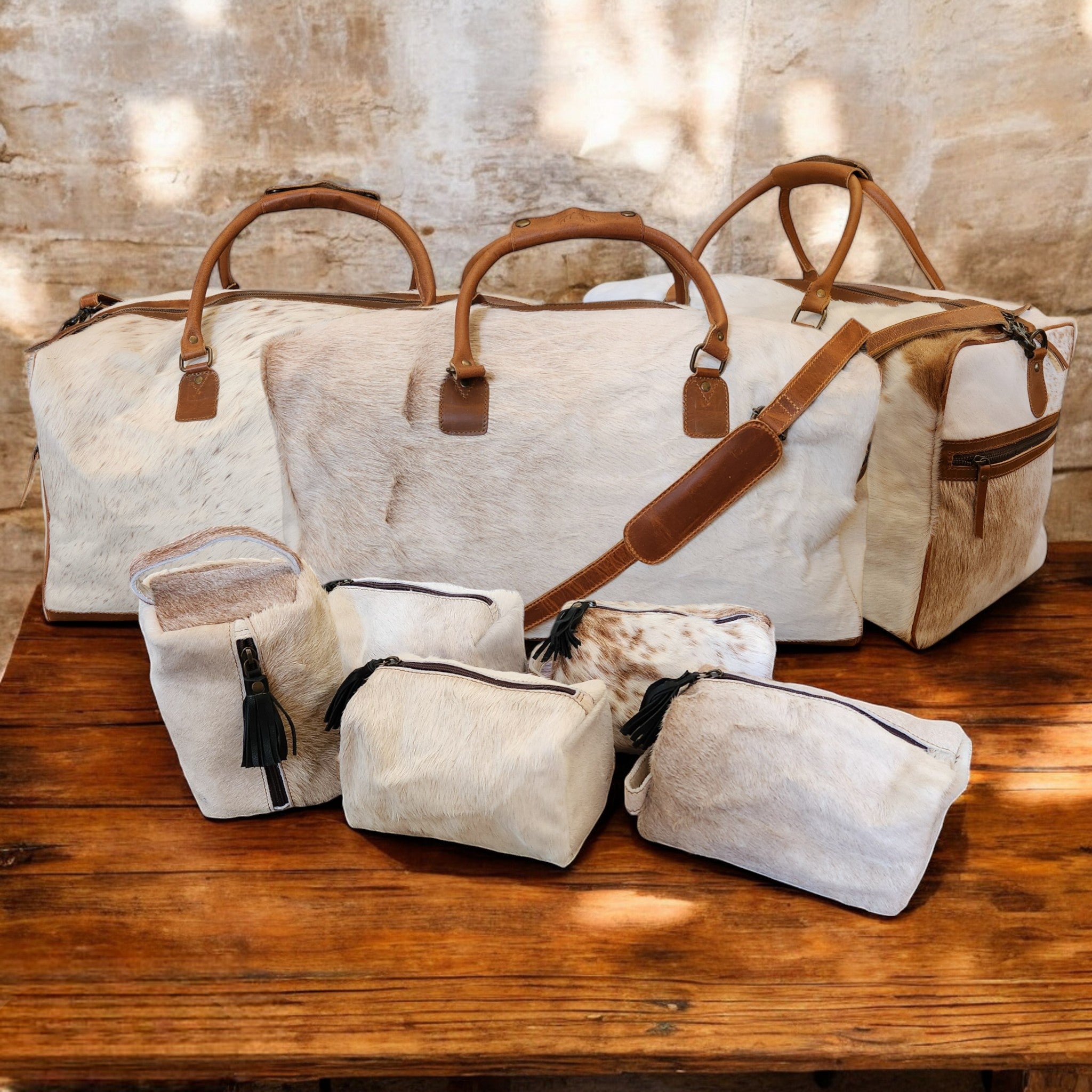 Bundle Deal Highlands Large Genuine Cowhide Weekender Duffel Bag + Cosmetic Pouch Highlands Cowhide Makeup Bag Toasted Marshmallow - Ranch Junkie Mercantile LLC