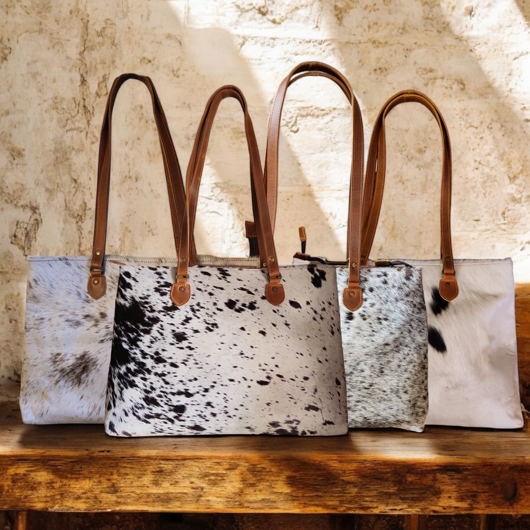 Bundle Deal Highlands Large Genuine Cowhide Weekender Duffel White Speckled + Cowhide Tote Bag Black - Ranch Junkie Mercantile LLC
