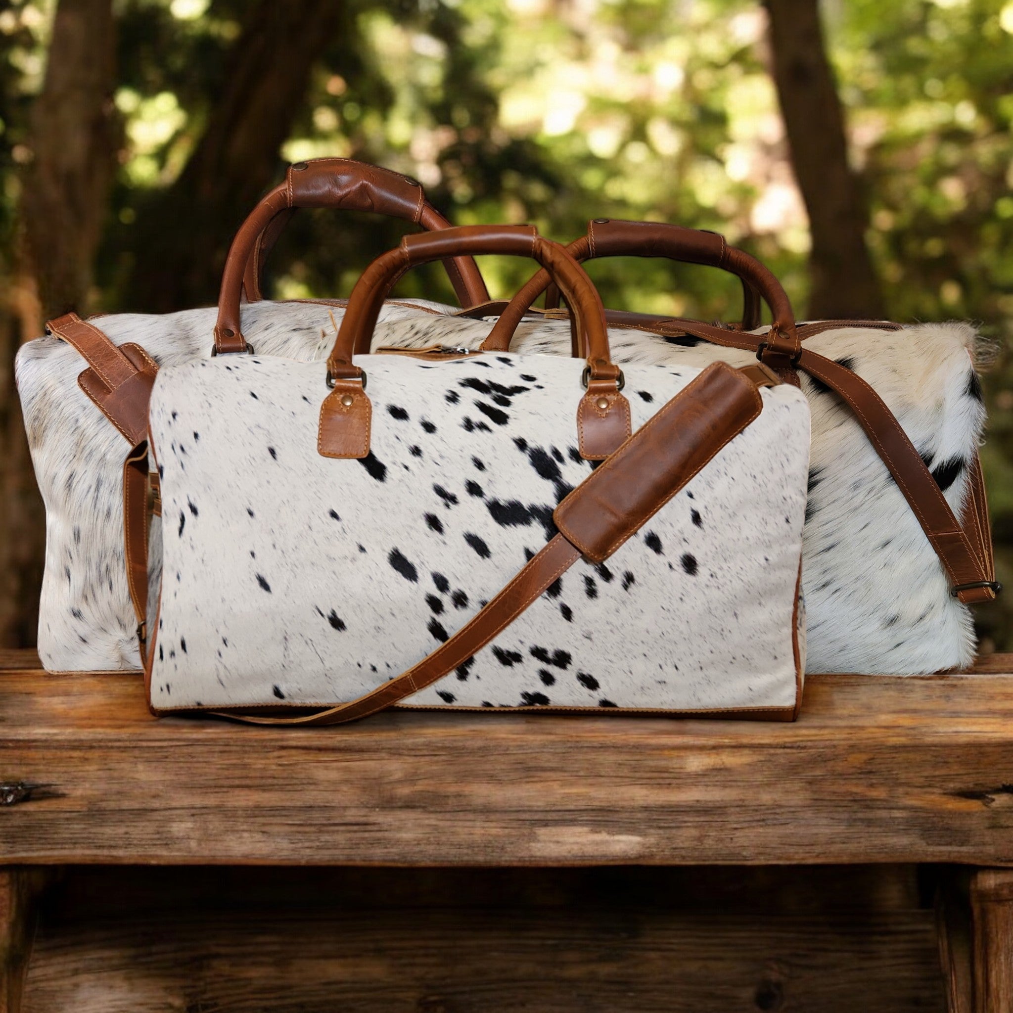 Bundle Deal Highlands Large Genuine Cowhide Weekender Duffel White Speckled + Cowhide Tote Bag Black - Ranch Junkie Mercantile LLC