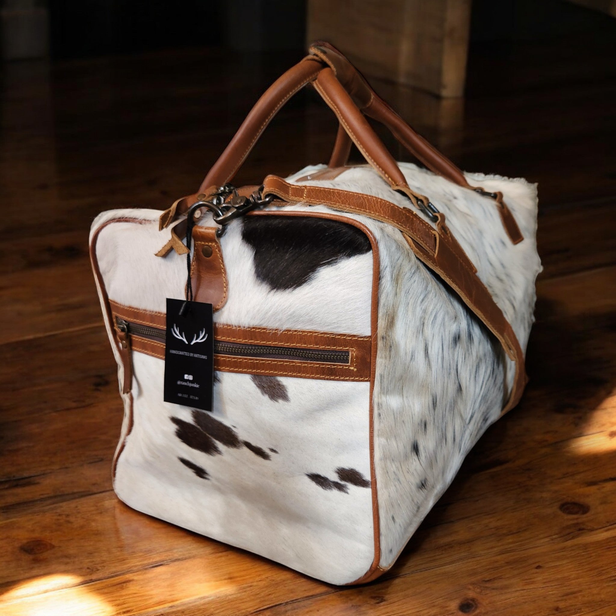 Bundle Deal Highlands Large Genuine Cowhide Weekender Duffel White Speckled + Cowhide Tote Bag Black - Ranch Junkie Mercantile LLC