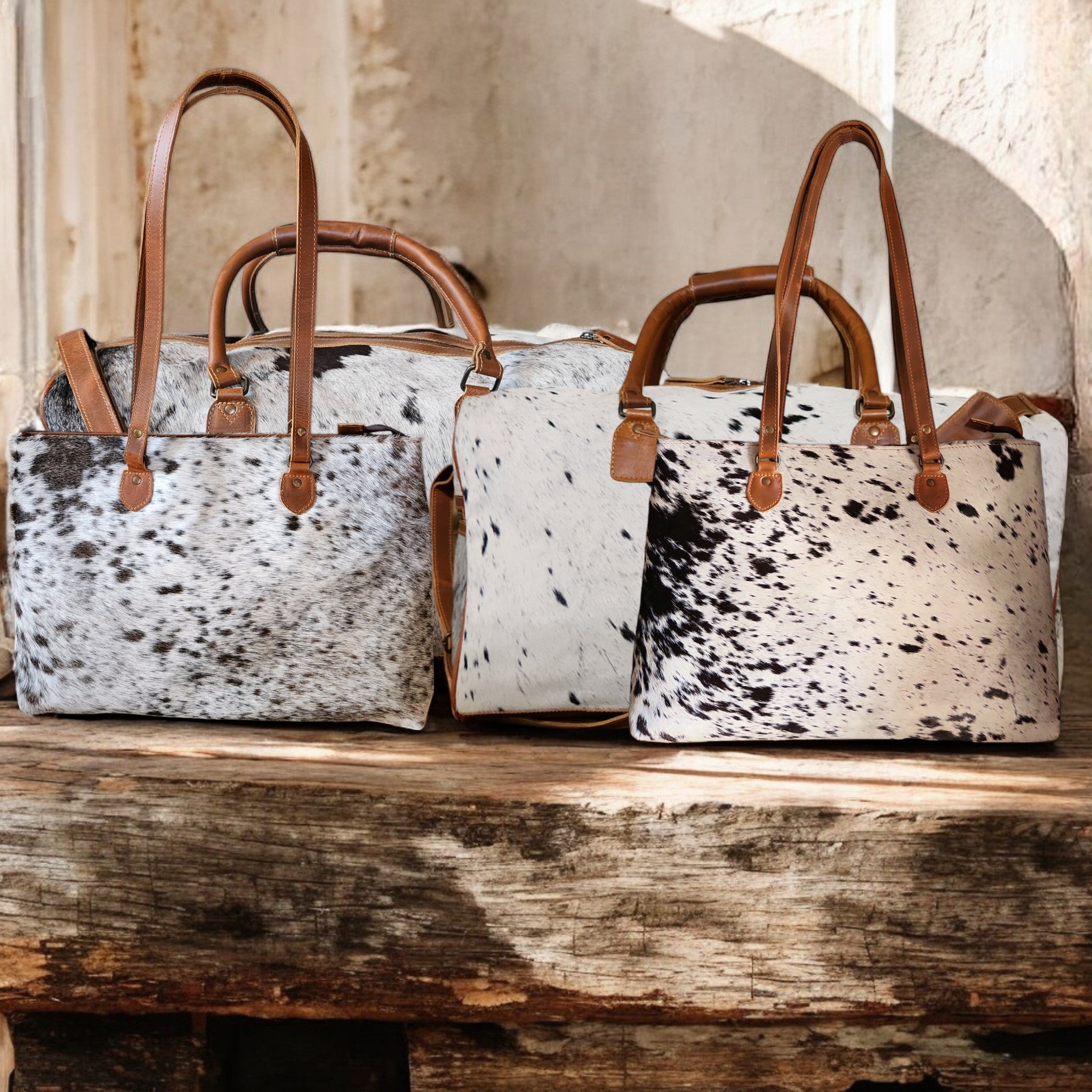 Bundle Deal Highlands Large Genuine Cowhide Weekender Duffel White Speckled + Cowhide Tote Bag Black - Ranch Junkie Mercantile LLC
